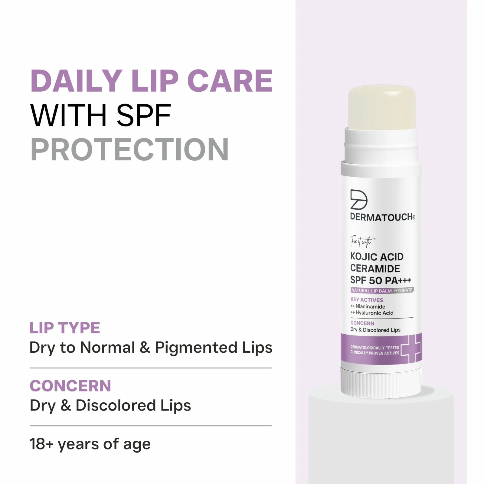 Dermatouch Kojic Acid Ceramide SPF 50 PA+++ Natural Lip Balm for Dry & Discolored Lips 5g