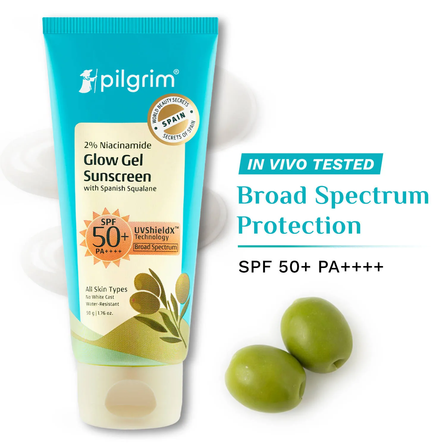 Pilgrim 2% Niacinamide Glow Gel Sunscreen SPF 50+++ Uv ShieldX Boost Glow Non-greasy No white cast