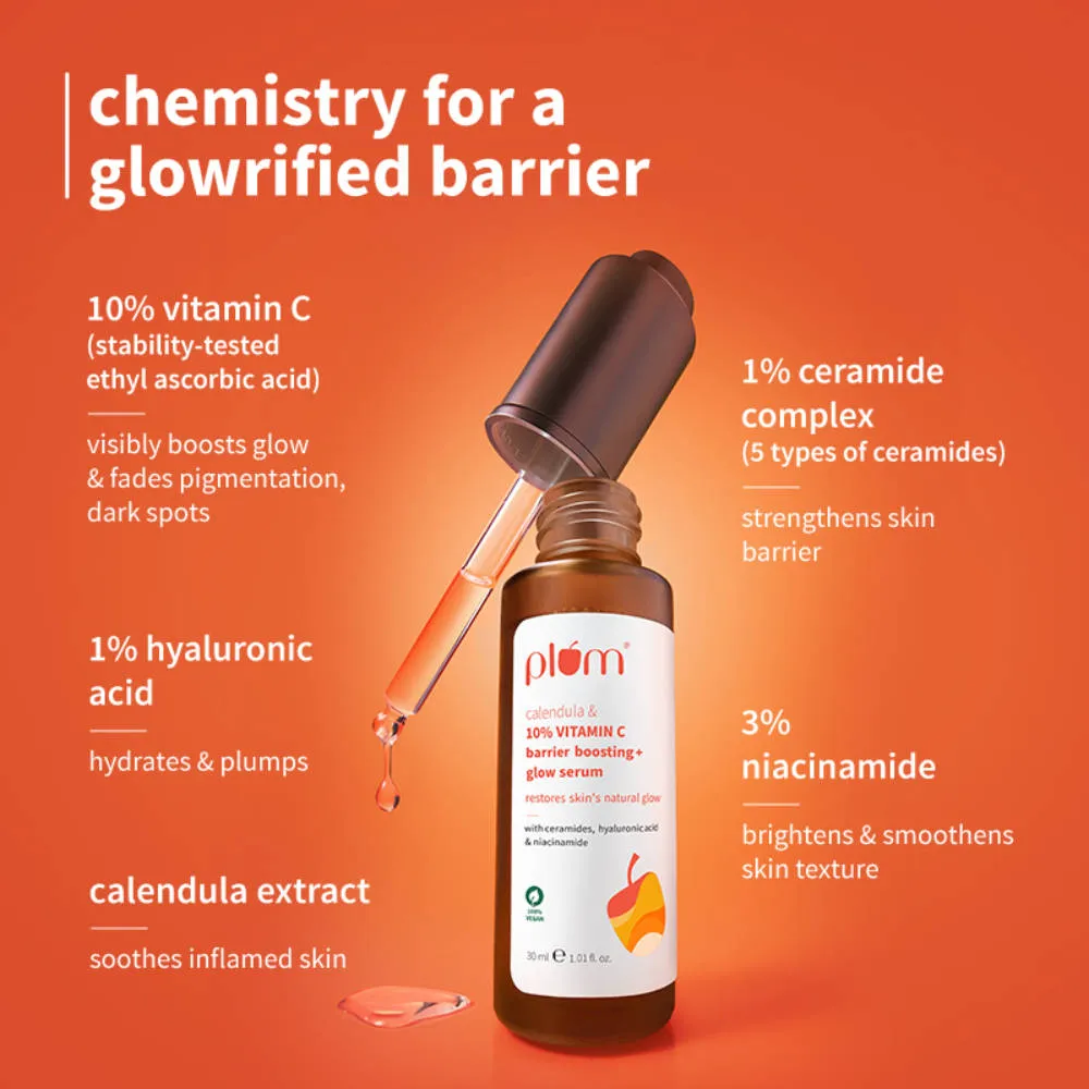 Plum 10% Vitamin C Barrier Boosting + Glow Serum with Calendula for Glowing Skin - Pack of 2