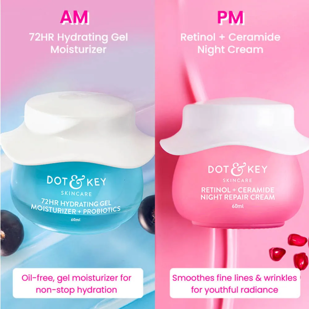 Dot & Key AM PM Routine With Hyaluronic Acid- 72HR Hydrating Probiotics Gel & Retinol Night Cream