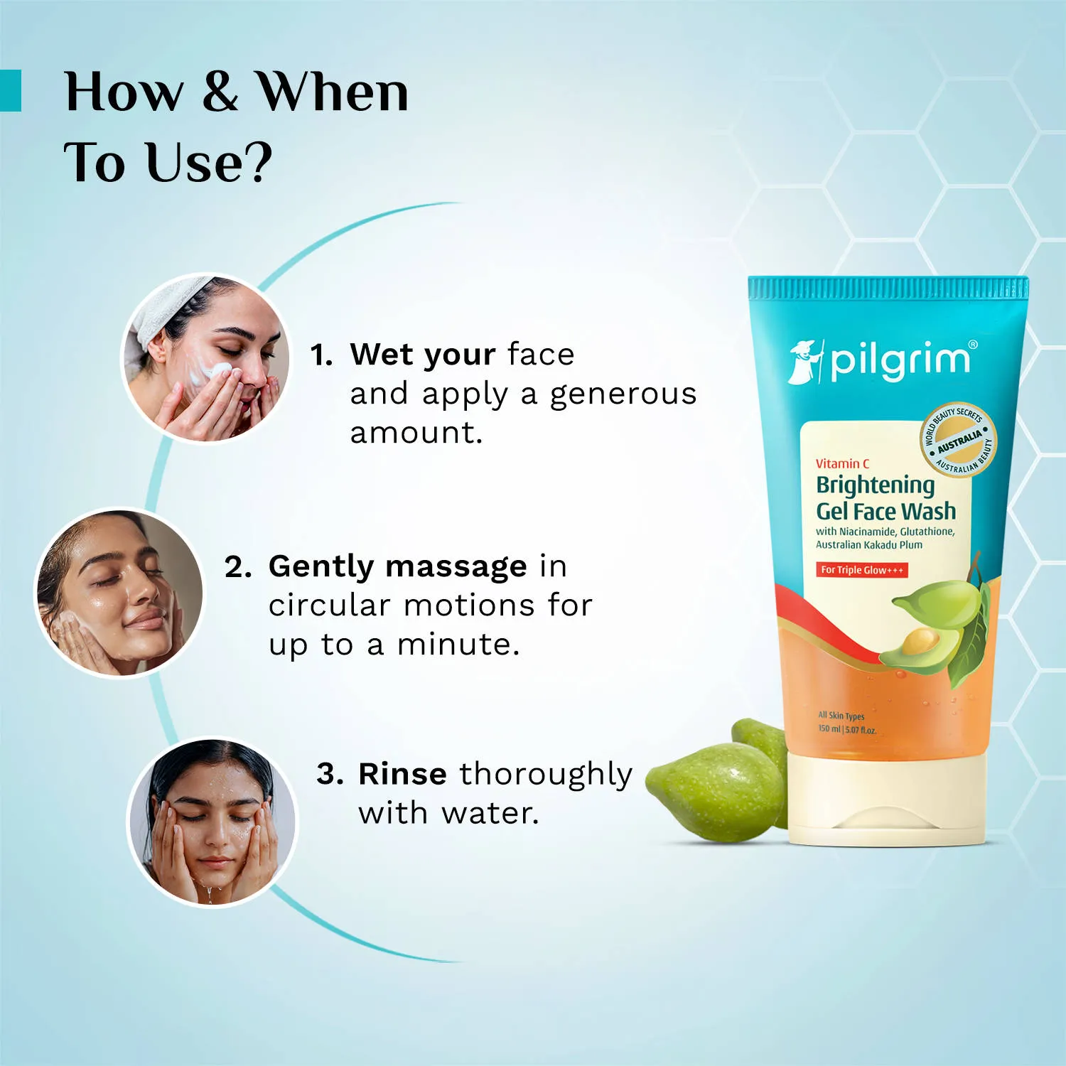 Pilgrim 10% Vitamin C Brightening Gel Face Wash Triple Glow+++ with 5% Niacinamide For Dark Spots