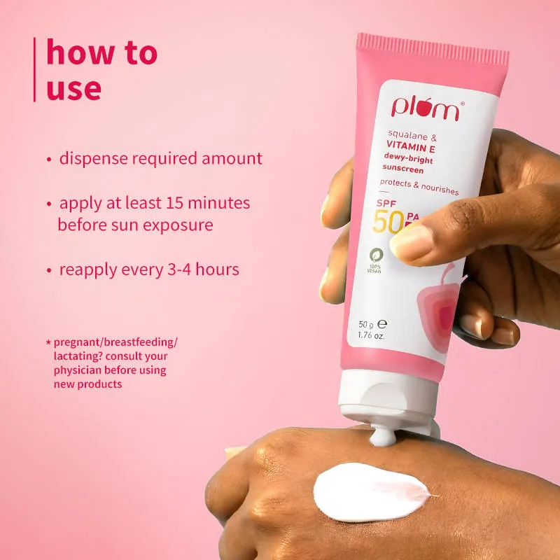 Plum Squalane & Vitamin E Dewy-Bright SPF 50 PA+++ Sunscreen For Normal To Dry Skin Type, New UV Filters