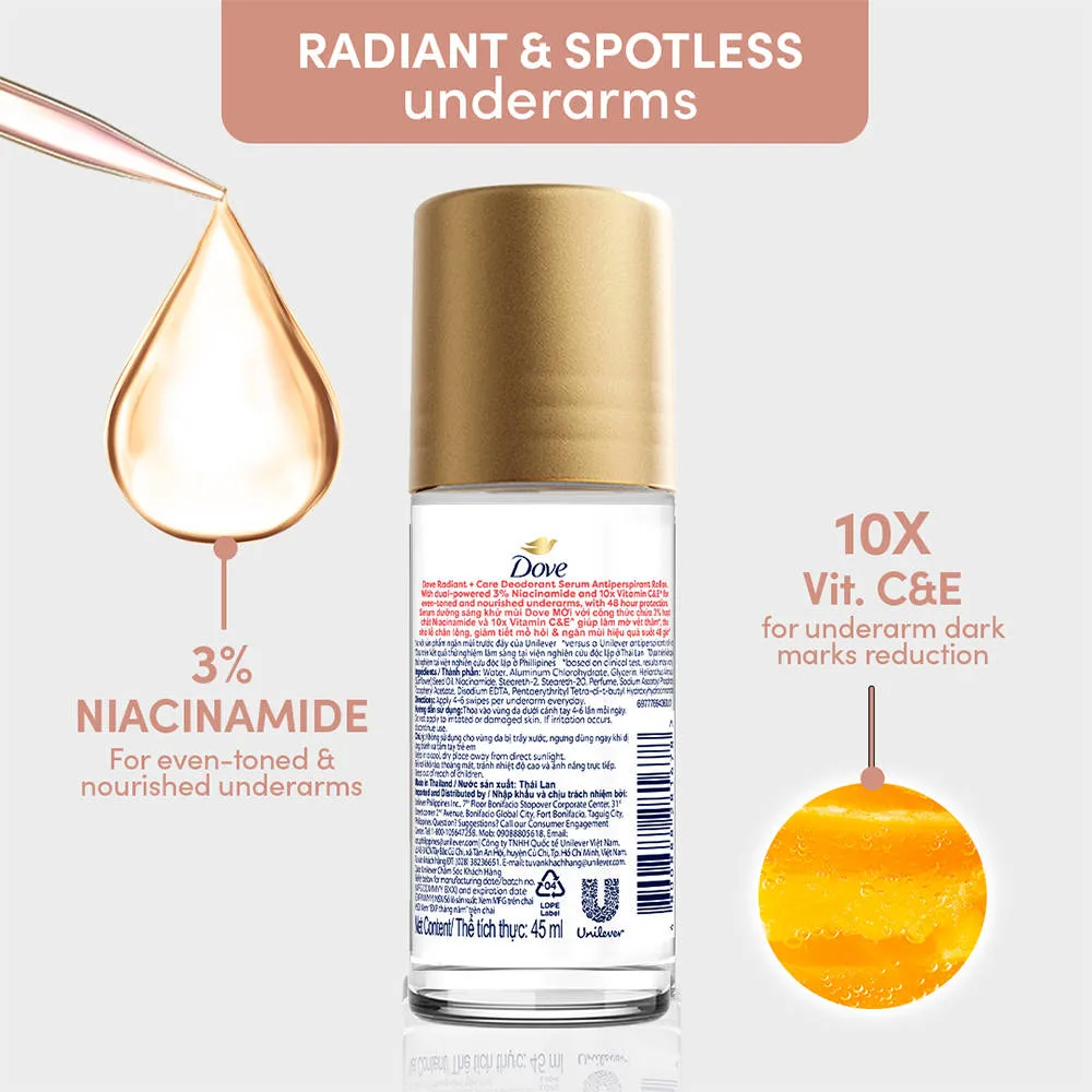 Dove Radiant+Care Roll On Deodorant Serum With 3% Niacinamide & 10X Vitamin C & E