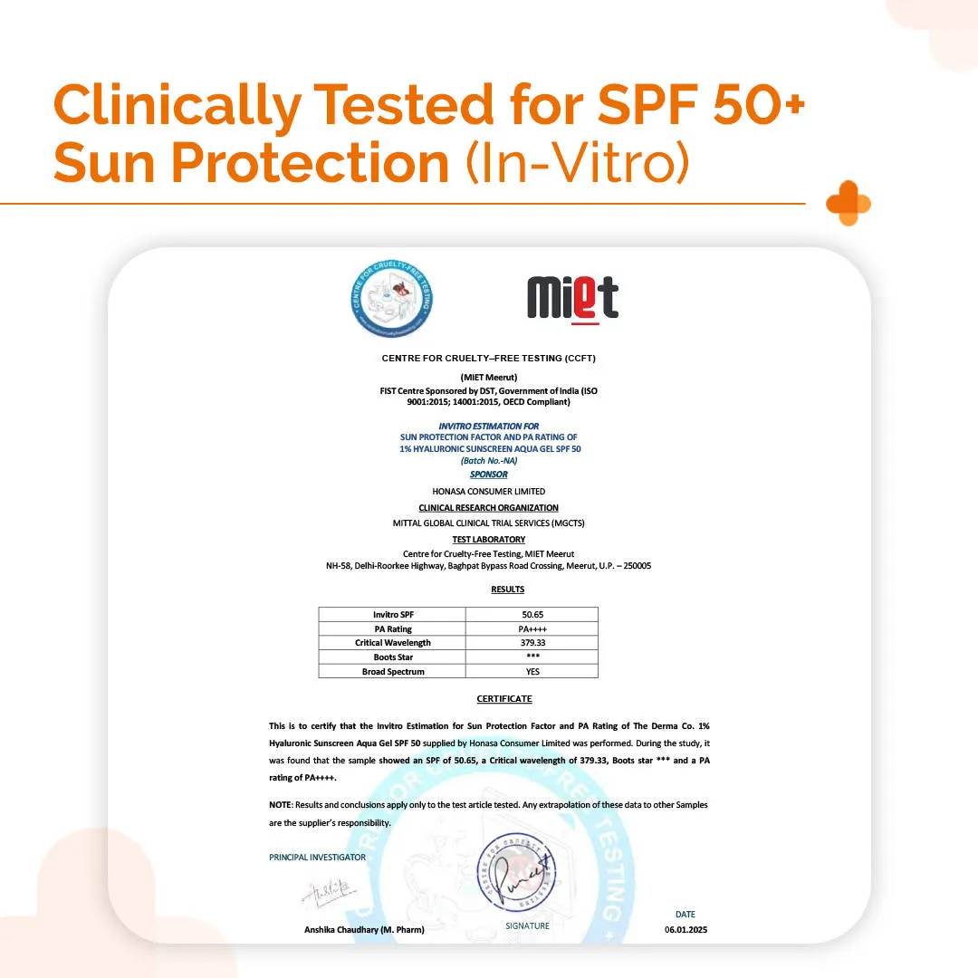 The Derma Co 1% Hyaluronic Sunscreen SPF 50 PA++++ Aqua Gel For Normal To Oily... - In-Vivo tested