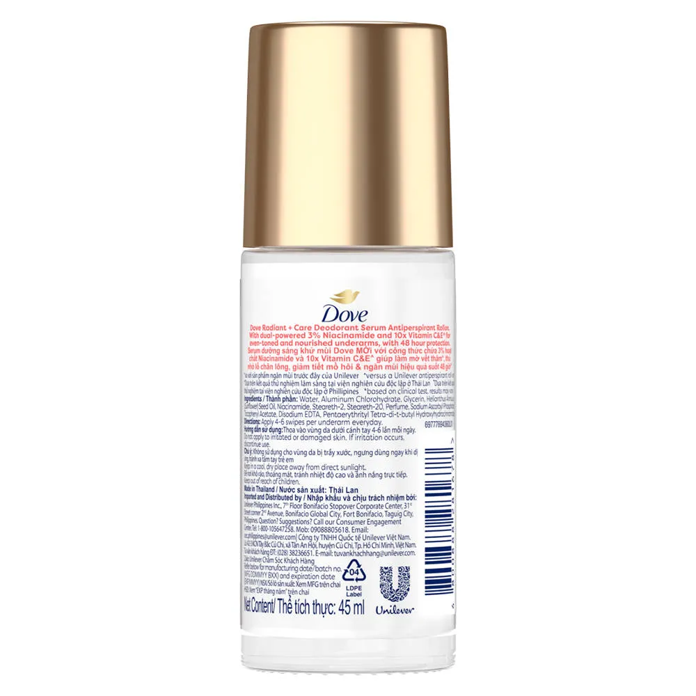 Dove Radiant+Care Roll On Deodorant Serum With 3% Niacinamide & 10X Vitamin C & E