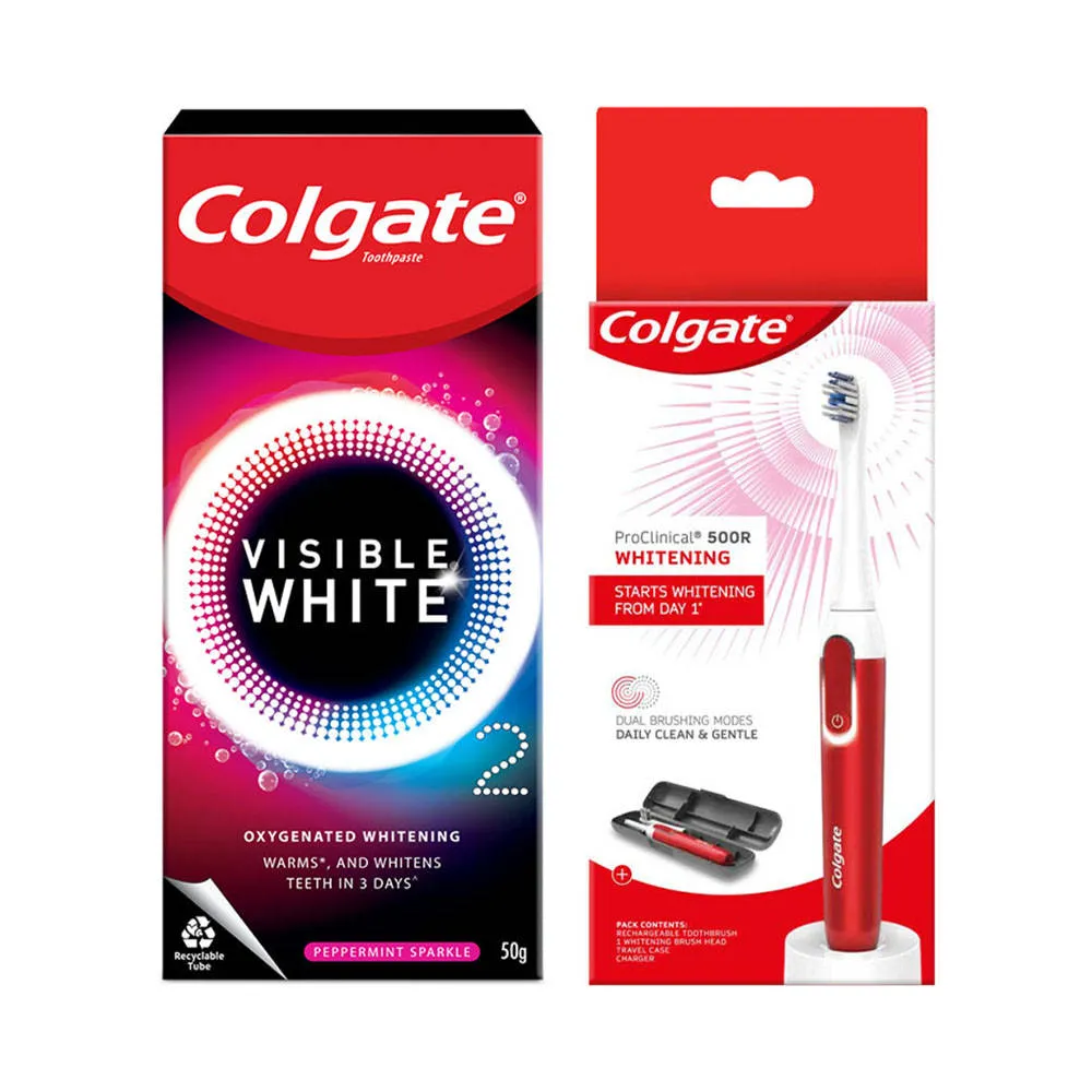 Colgate Visible White O2 Toothpaste Peppermint Sparkle & 500R Whitening Elec Toothbrush