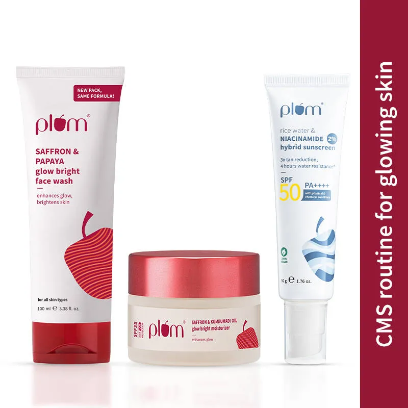 Plum CSM Combo - Saffron Face Wash, Saffron Moisturizer and Niacinamide and Rice Water SPF Sunscreen