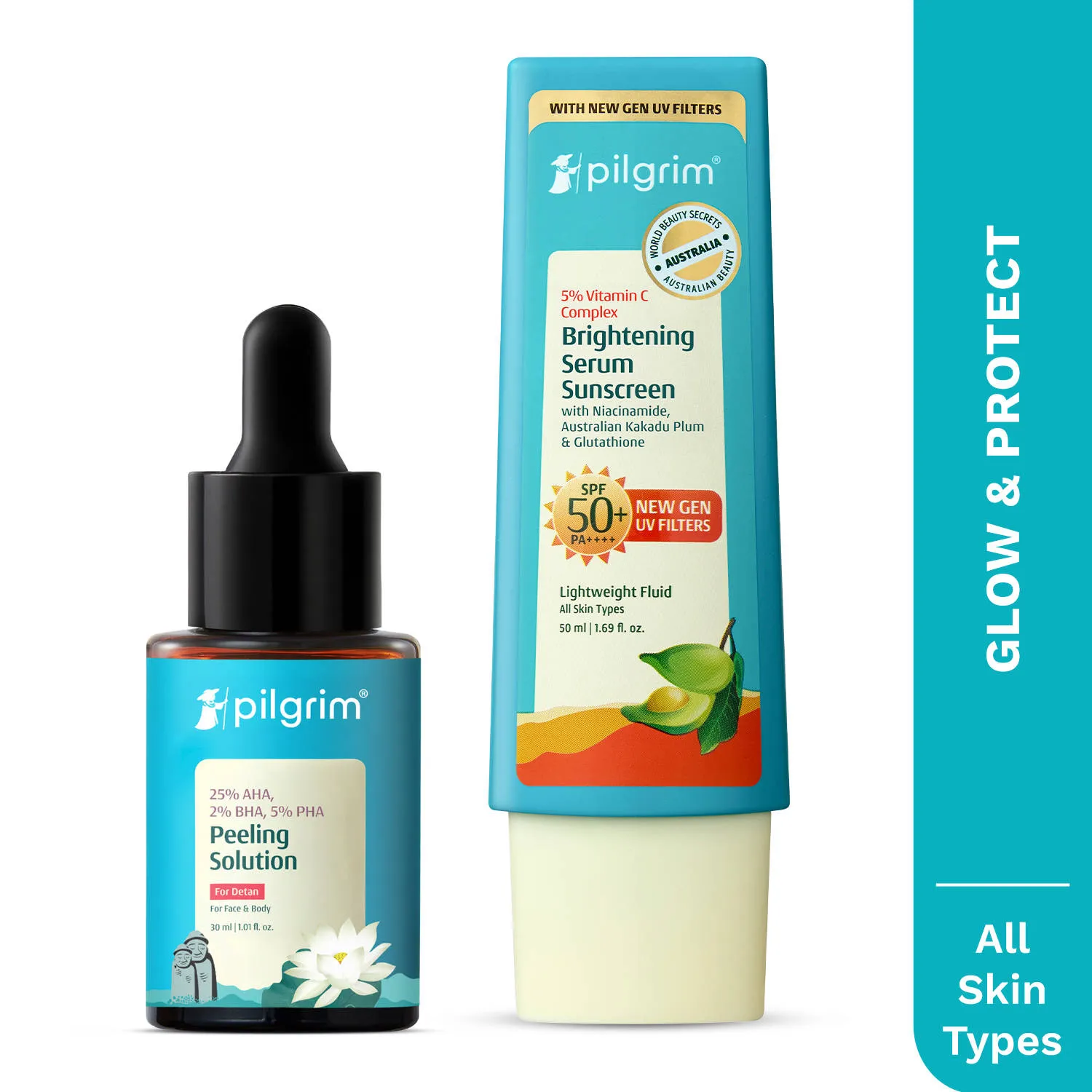 Pilgrim Glow & Protect Face Peeling Solution and Vitamin C In-Vivo Tested SPF 50++++ Sunscreen Combo