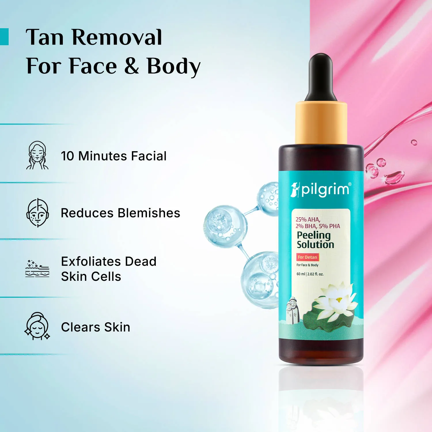 Pilgrim 25% AHA 2% BHA 5% PHA Face Peeling Solution Detan & Exfoliate Dead Skin For Men & Women