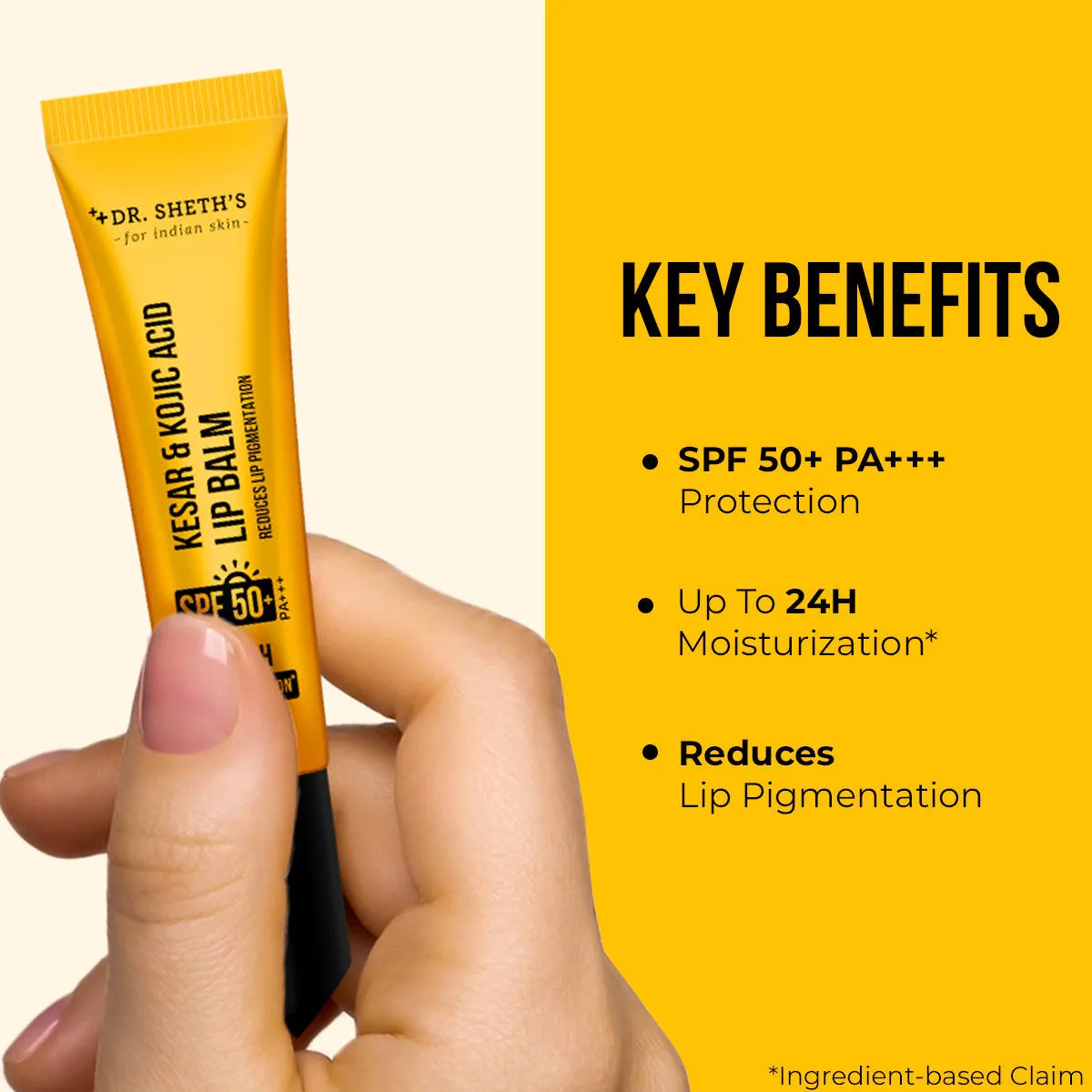 Dr. Sheth's Kesar and Kojic Acid Lip Balm SPF 50+ PA+++ for Pigmentation and 24H Moisturization