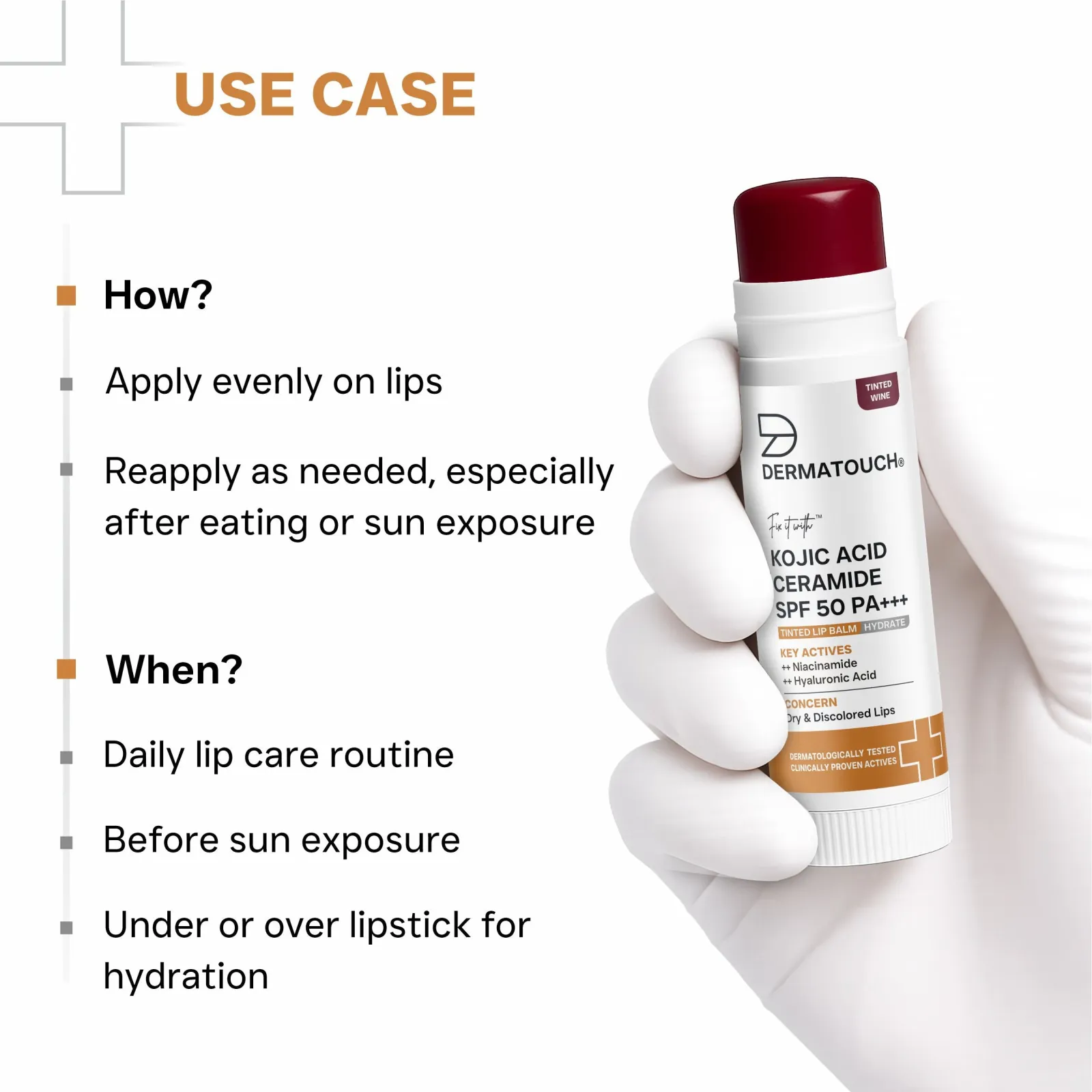 Dermatouch Kojic Acid Ceramide SPF 50 PA+++ Lip Balm for Dry & Discolored Lips