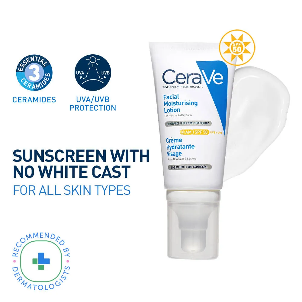 CeraVe AM Facial Moisturizing Lotion With Sunscreen SPF 50 UVB + UVA, Dermatologist