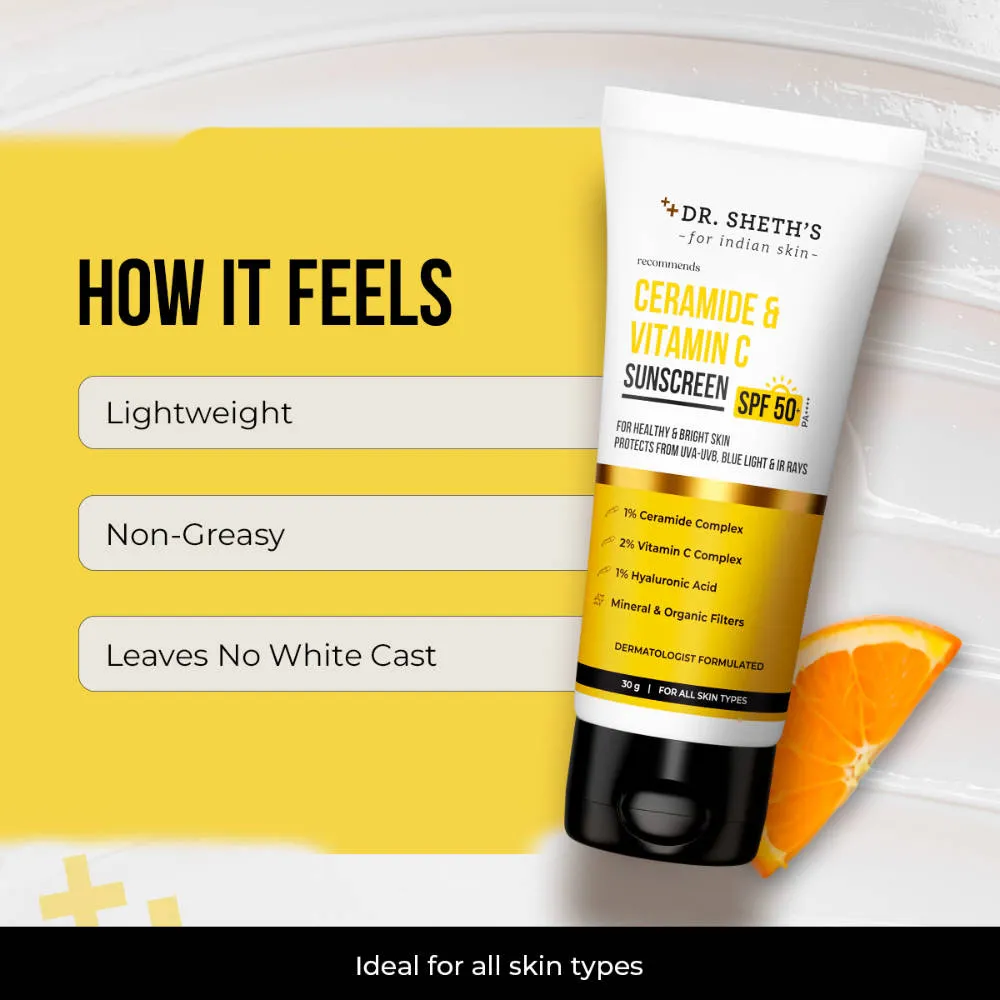 Dr. Sheth's Ceramide & Vitamin C Sunscreen SPF 50+ PA++++ In-Vivo Tested for Bright Skin