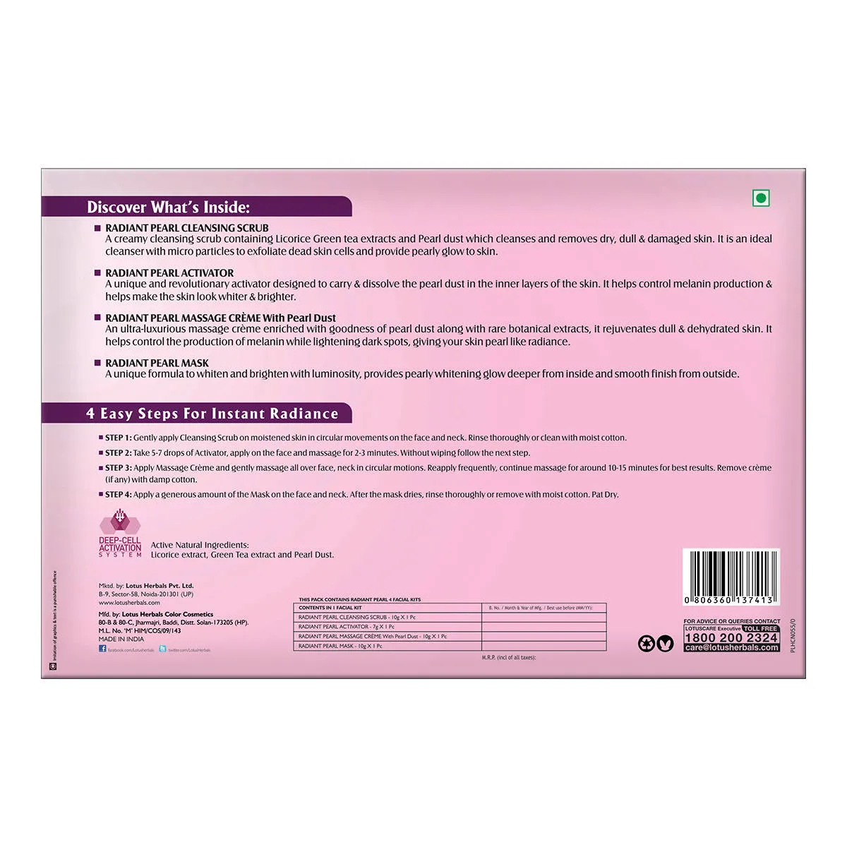 Lotus Herbals Radiant Pearl Cellular Lightening Facial Kit