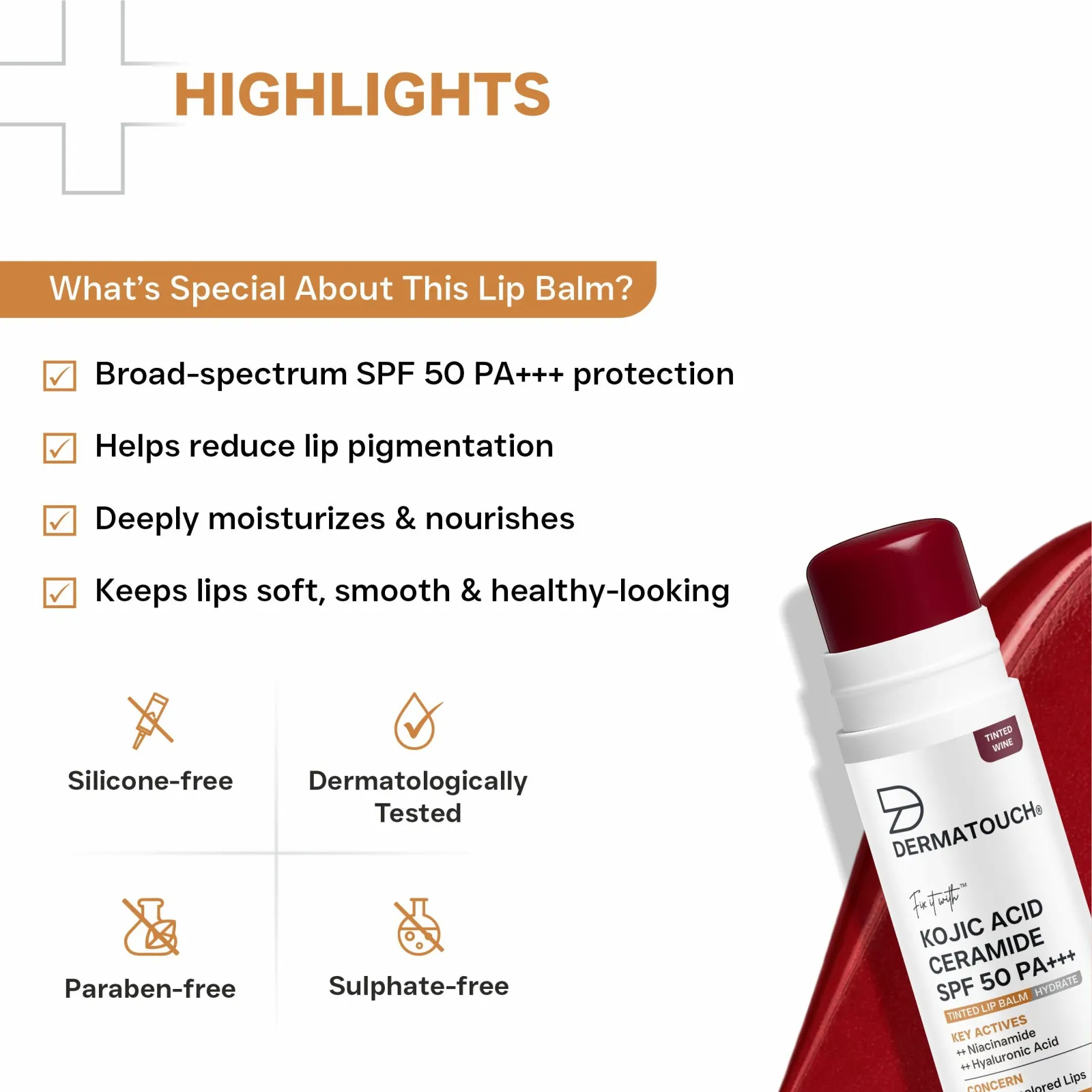 Dermatouch Kojic Acid Ceramide SPF 50 PA+++ Lip Balm for Dry & Discolored Lips