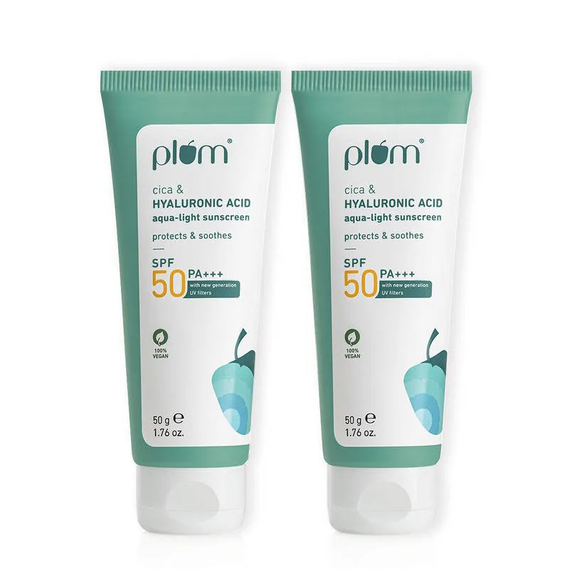 Plum Cica & Hyaluronic Aqua-Light Sunscreen With SPF 50 PA+++ (Pack Of 2)