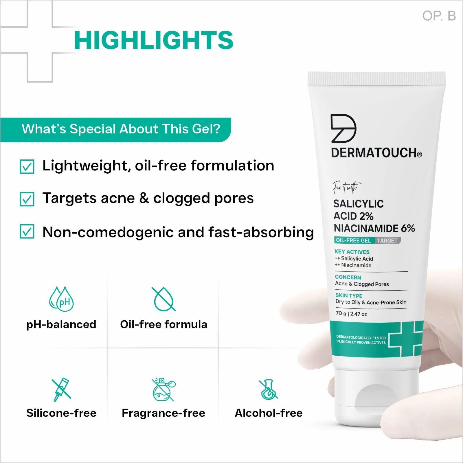 Dermatouch Salicylic Acid 2% Niacinamide 6% Oil-Free Gel for Acne & Clogged Pores 70g