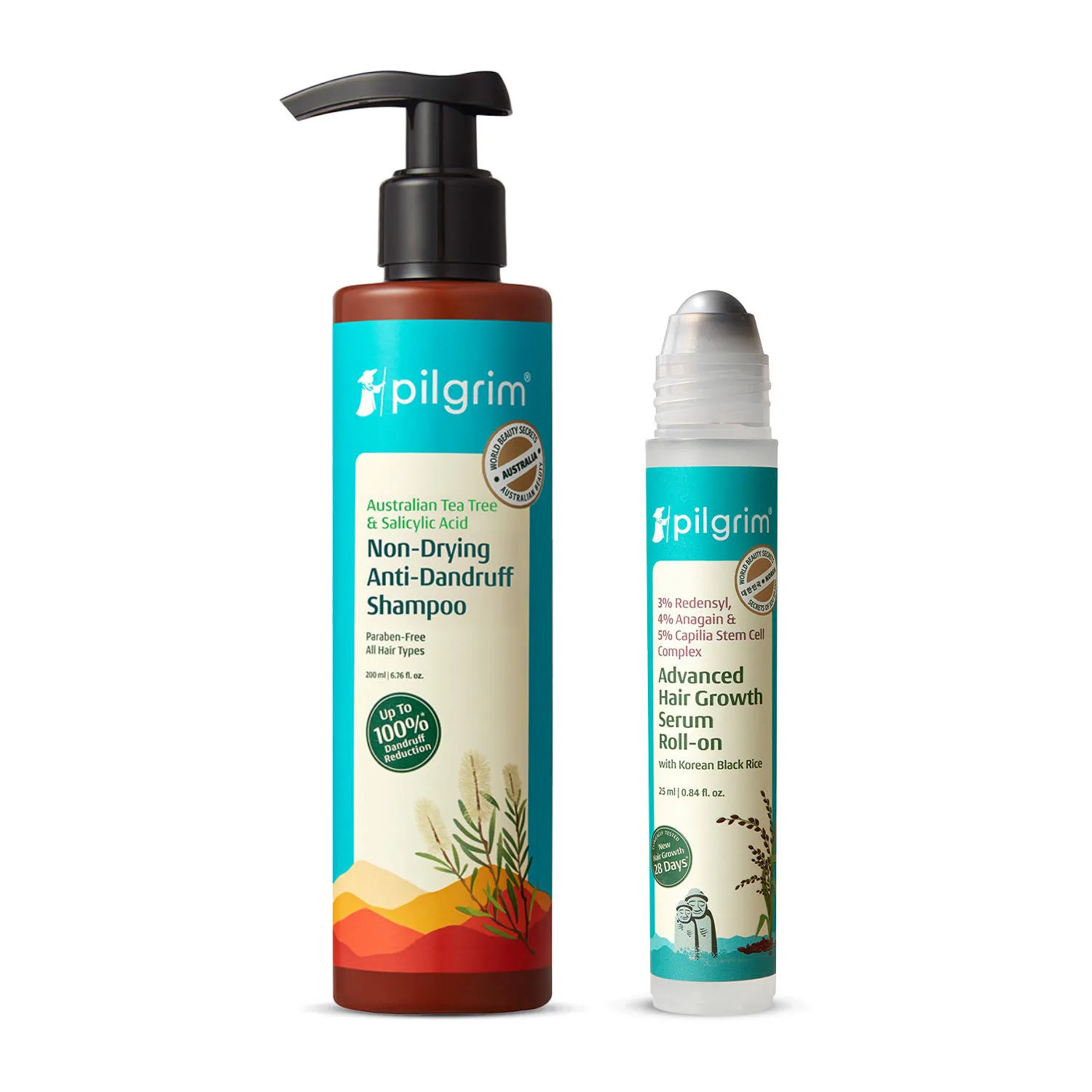 Pilgrim Tea Tree Non-Drying Anti-Dandruff Shampoo and Advance Hair Growth Serum Roll-on Combo