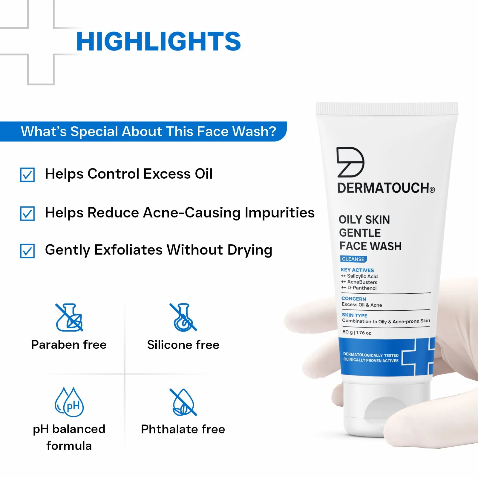 Dermatouch Oily Skin Gentle Face Wash for Excess Oil, Acne & Clogged Pores