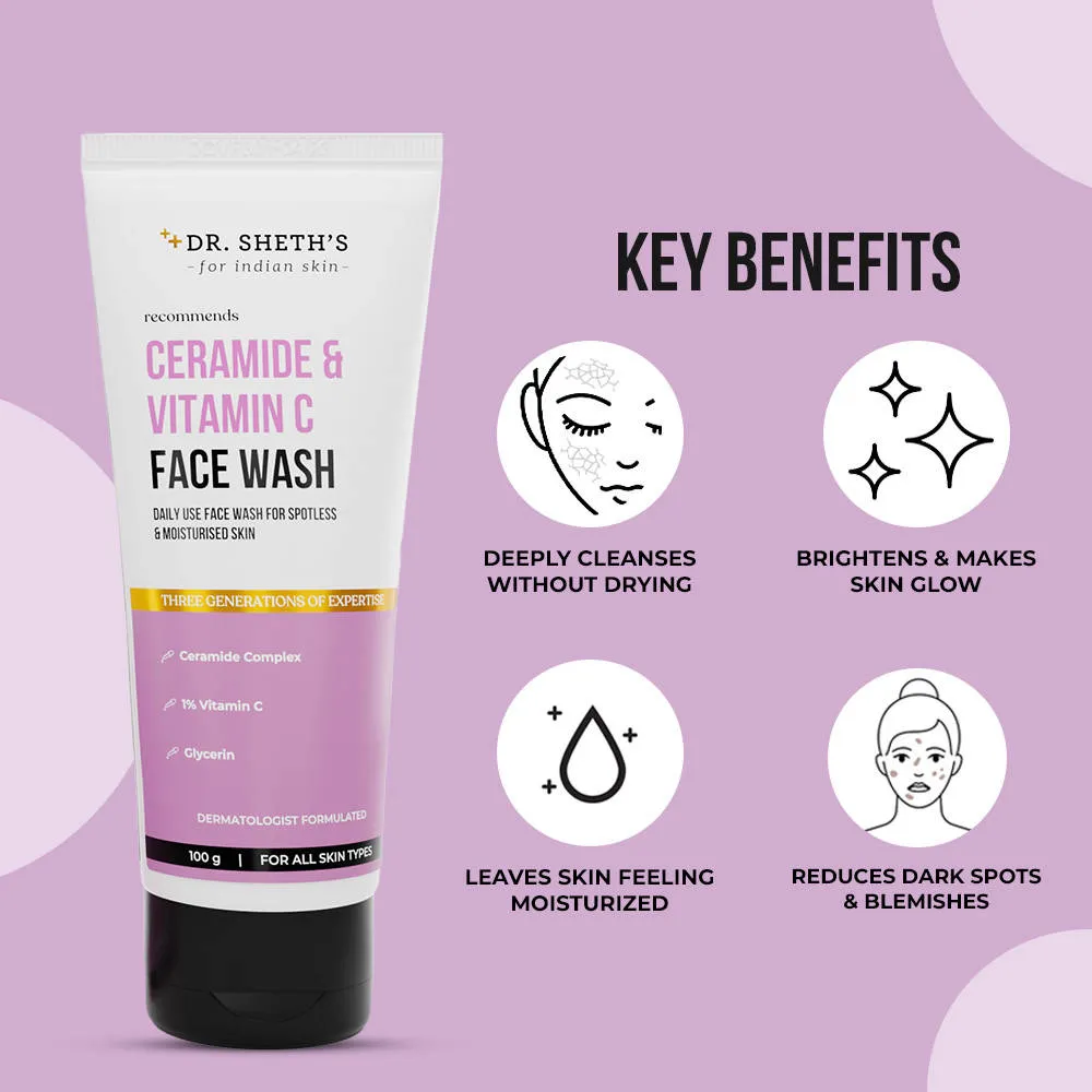Dr. Sheth's Ceramide & Vitamin C Brightening Face Wash |Cleanses, Hydrates, Reduces Dark Spots 100ml