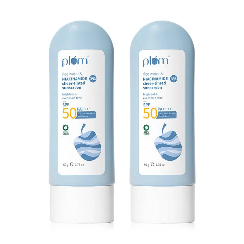 Plum 3% Niacinamide & Rice Water Sheer-Tinted Sunscreen SPF 50 PA++++ - Pack Of 2