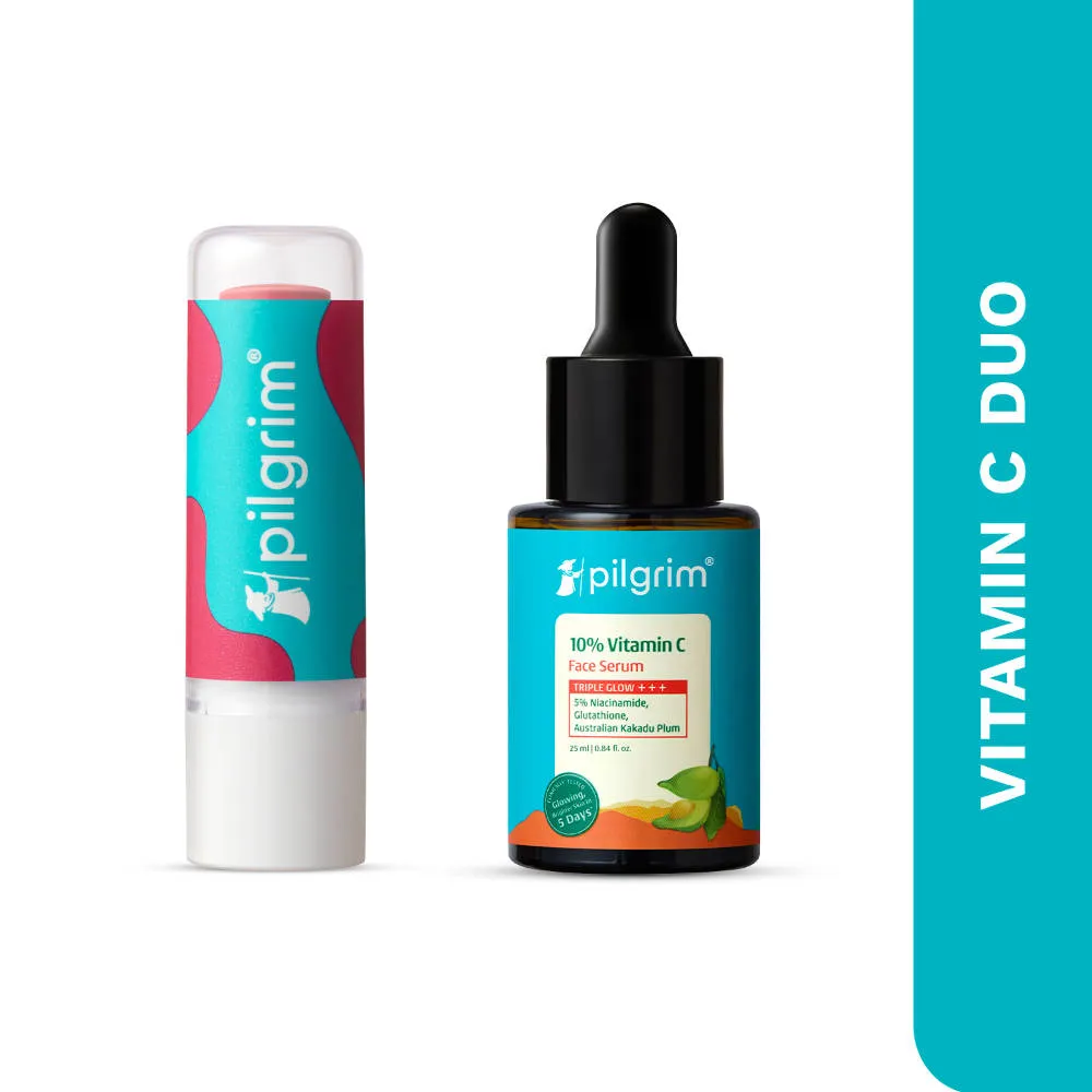 Pilgrim Vitamin C Tinted Lip Balm and 10% Vitamin C Face Serum Duo Brighten Skin and Lip