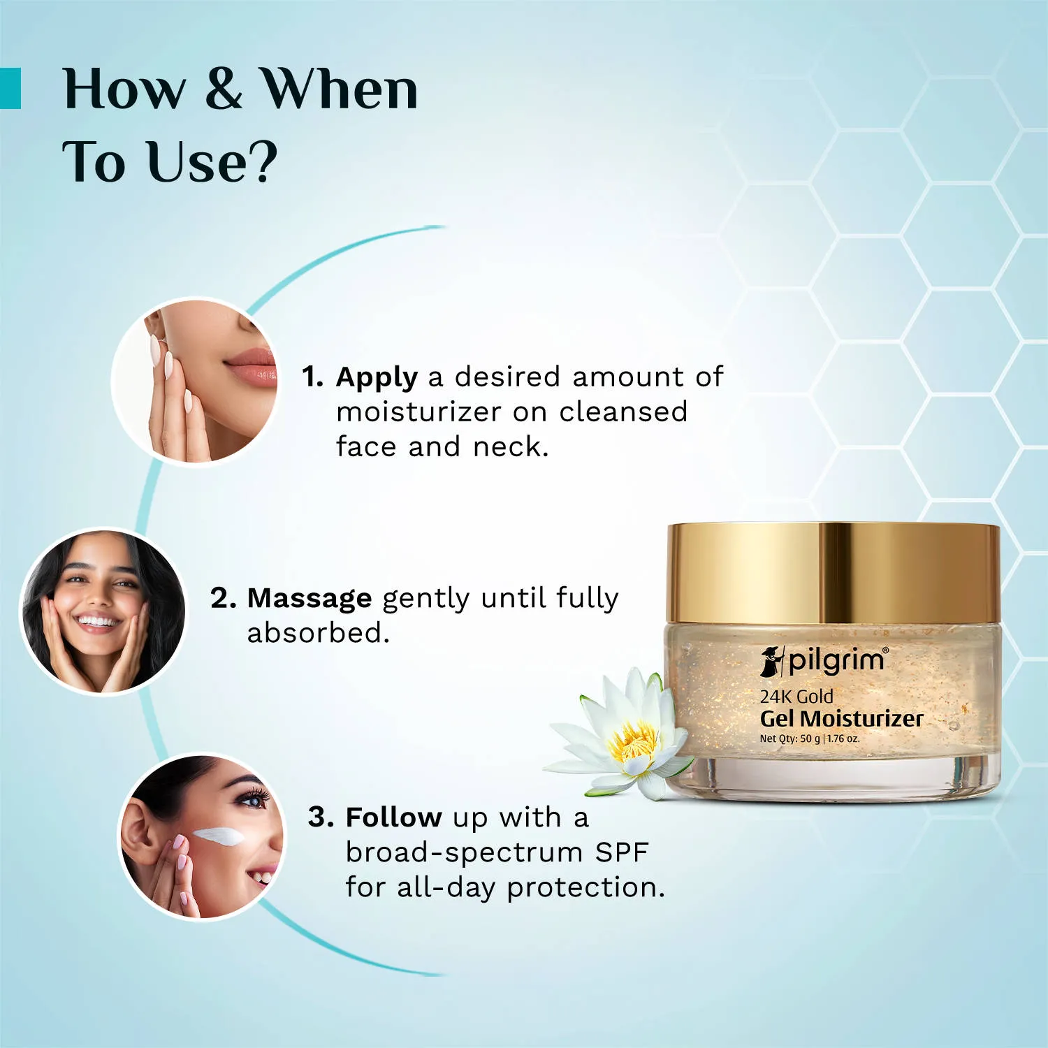 Pilgrim 24k Gold Gel Moisturizer Hyaluronic Acid & Alpha Arbutin for Smooth Radiant Golden Glow Skin