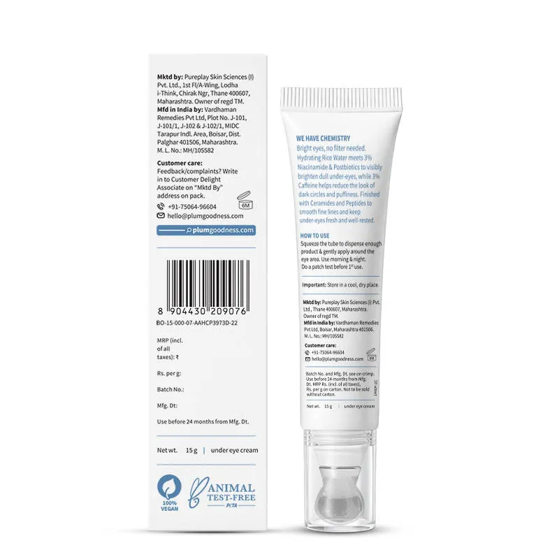 Plum Rice Water & Niacinamide 3% Under-Eye Crème, with Peptides Ceramides & Caffeine
