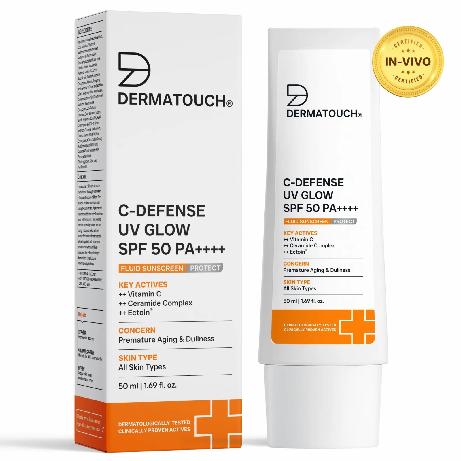 Dermatouch C-Defense UV Glow SPF 50 PA++++ Fluid Sunscreen for Premature Aging & Sunburn (In-Vivo & In-Vitro Tested) 50ml