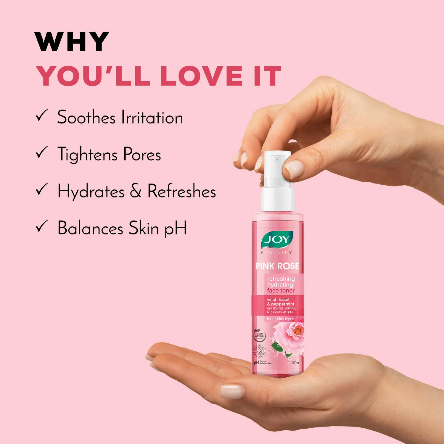Joy Pink Rose refreshing Hydrating Face Toner With Hazel & PepperMint For Hydrating Skin pH Balanced, Alcohol Free & For All Skin Types