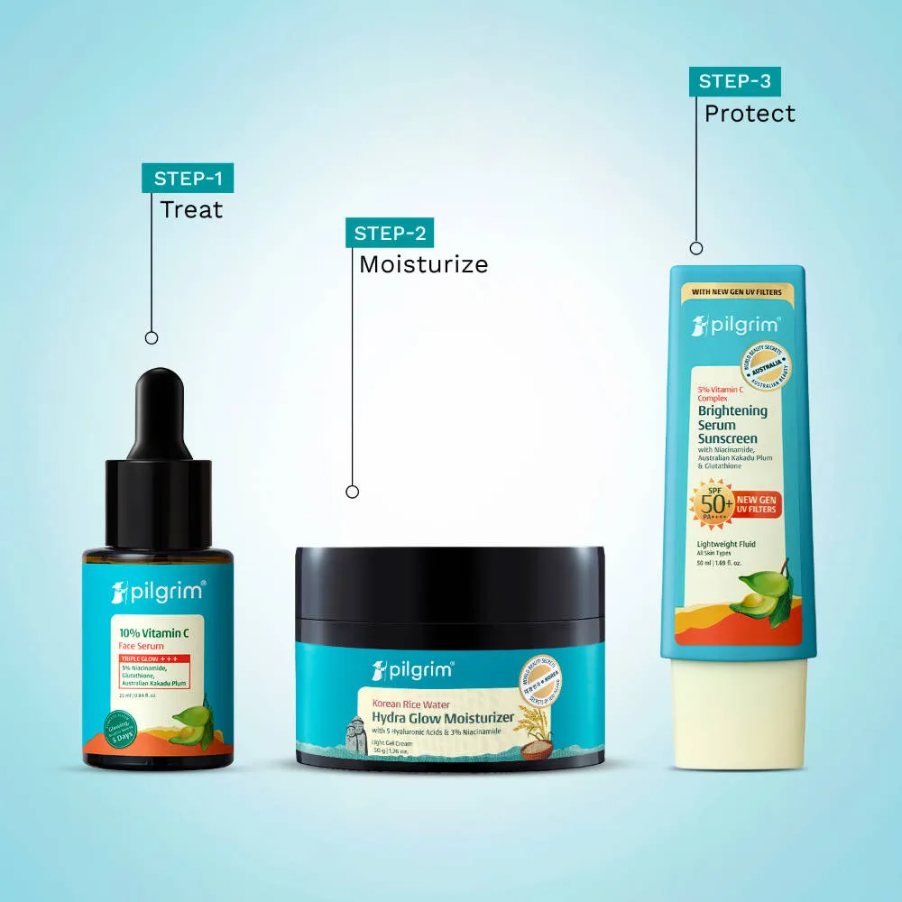 Pilgrim Glow Trio Vitamin C Serum, Sunscreen & Hydra Glow Moisturizer for Brighter & Glass Glow Skin