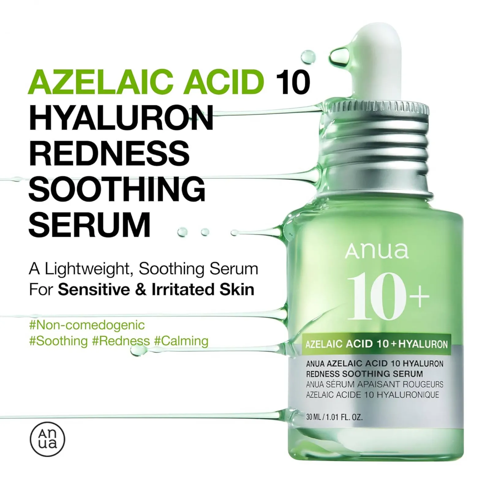 Anua Azelaic Acid 10 Hyaluron Redness Soothing Serum with Cica Soothes & Calms Acne-Prone Skin