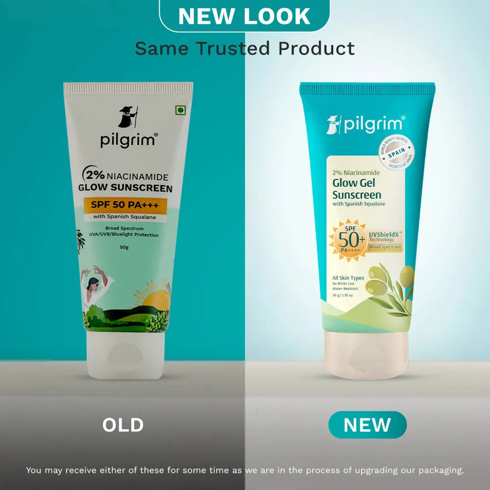 Pilgrim 2% Niacinamide Glow Gel Sunscreen SPF 50+++ Uv ShieldX Boost Glow Non-greasy No white cast