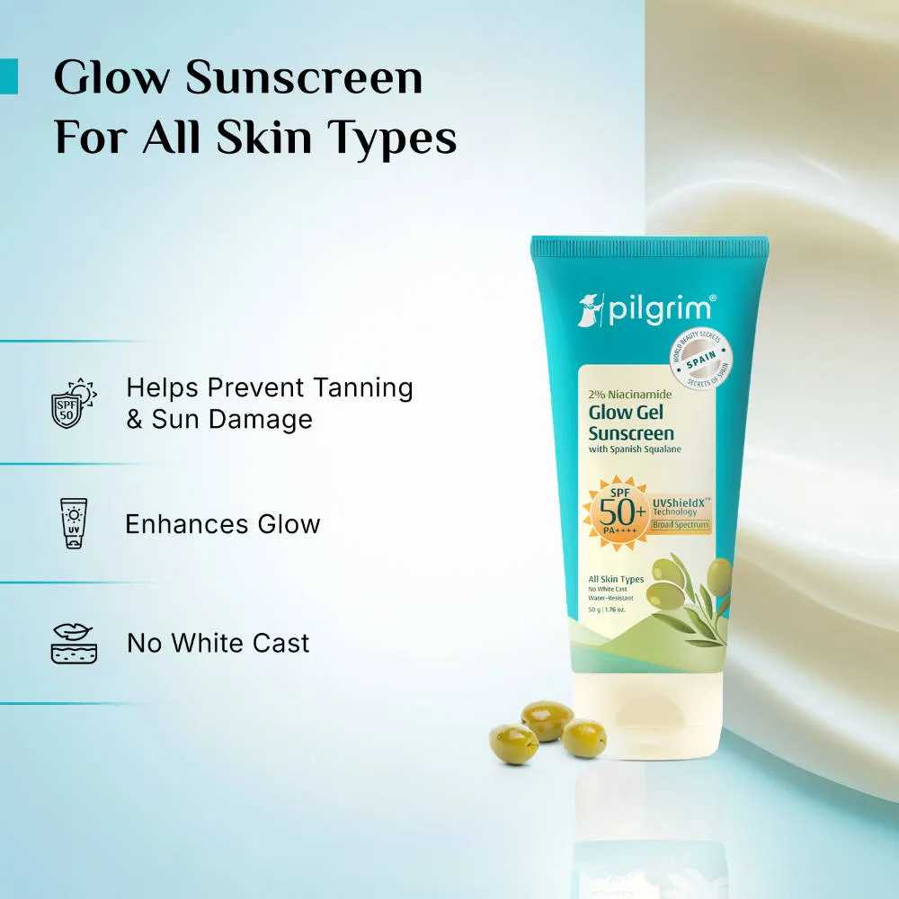 Pilgrim 2% Niacinamide Glow Gel Sunscreen SPF 50+++ Uv ShieldX Boost Glow Non-greasy No white cast