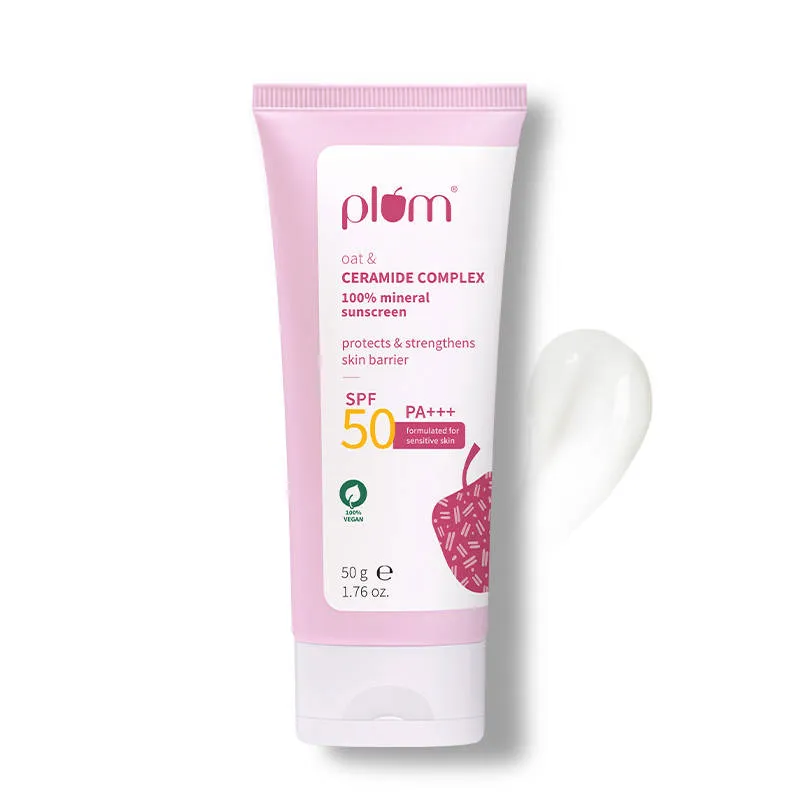 Plum Ceramide & Oat Mineral Sunscreen SPF 50 PA+++ Protects Skin Barrier, For Dry ToNormalSkin
