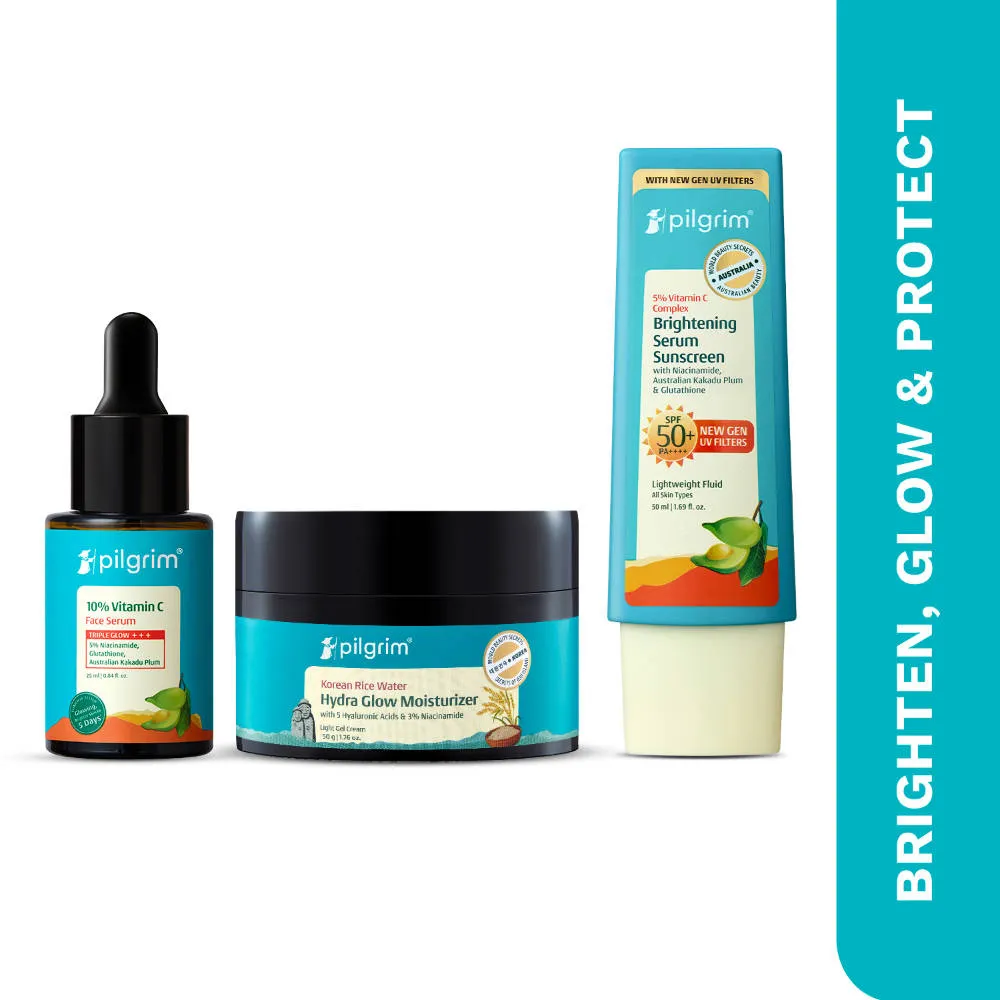 Pilgrim Glow Trio Vitamin C Serum, Sunscreen & Hydra Glow Moisturizer for Brighter & Glass Glow Skin