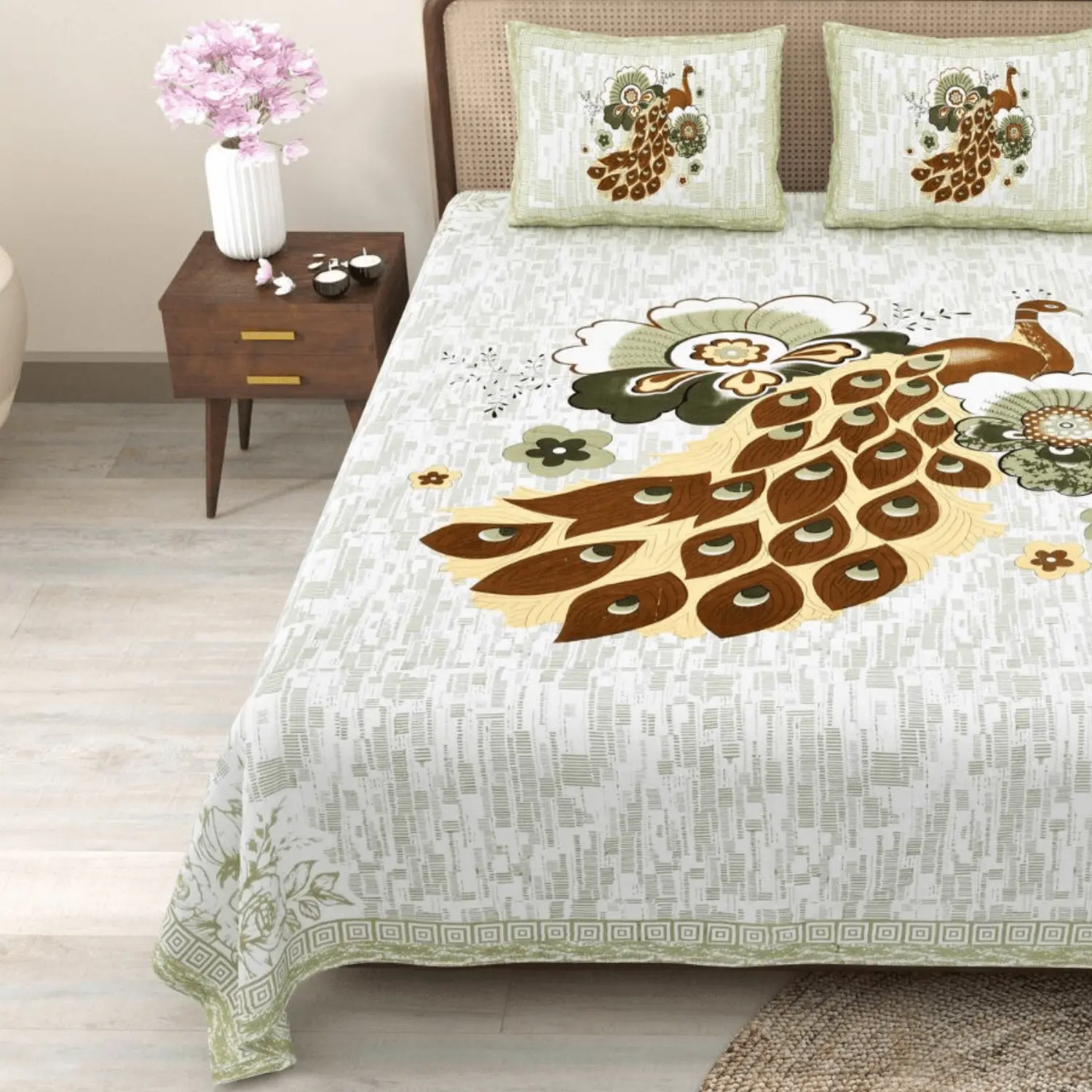 Pure Cotton Jaipuri King Bedsheet (Peacock Printed)
