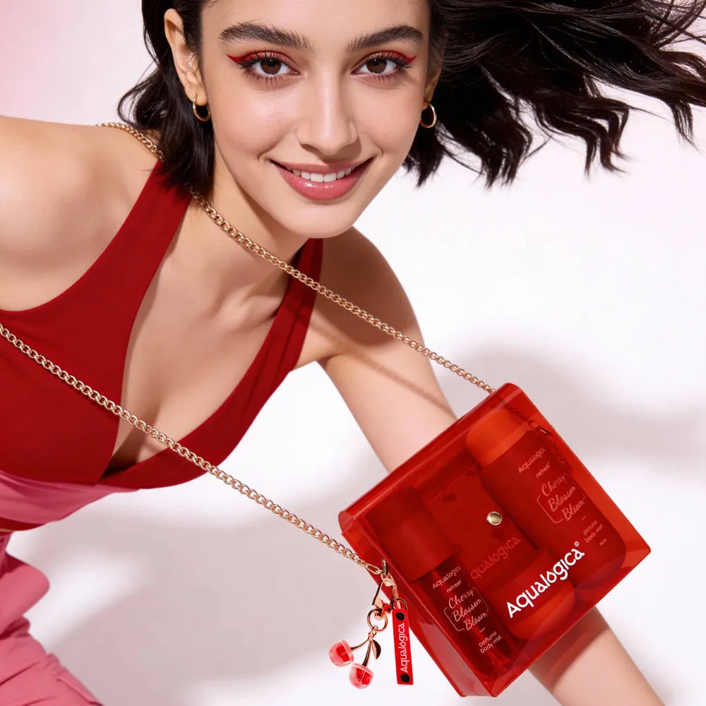 Aqualogica Cherry Blossom Bloom: Body Wash, Hydra Gel, Mist + Sling Bag & Charms Hot Girl Essentials