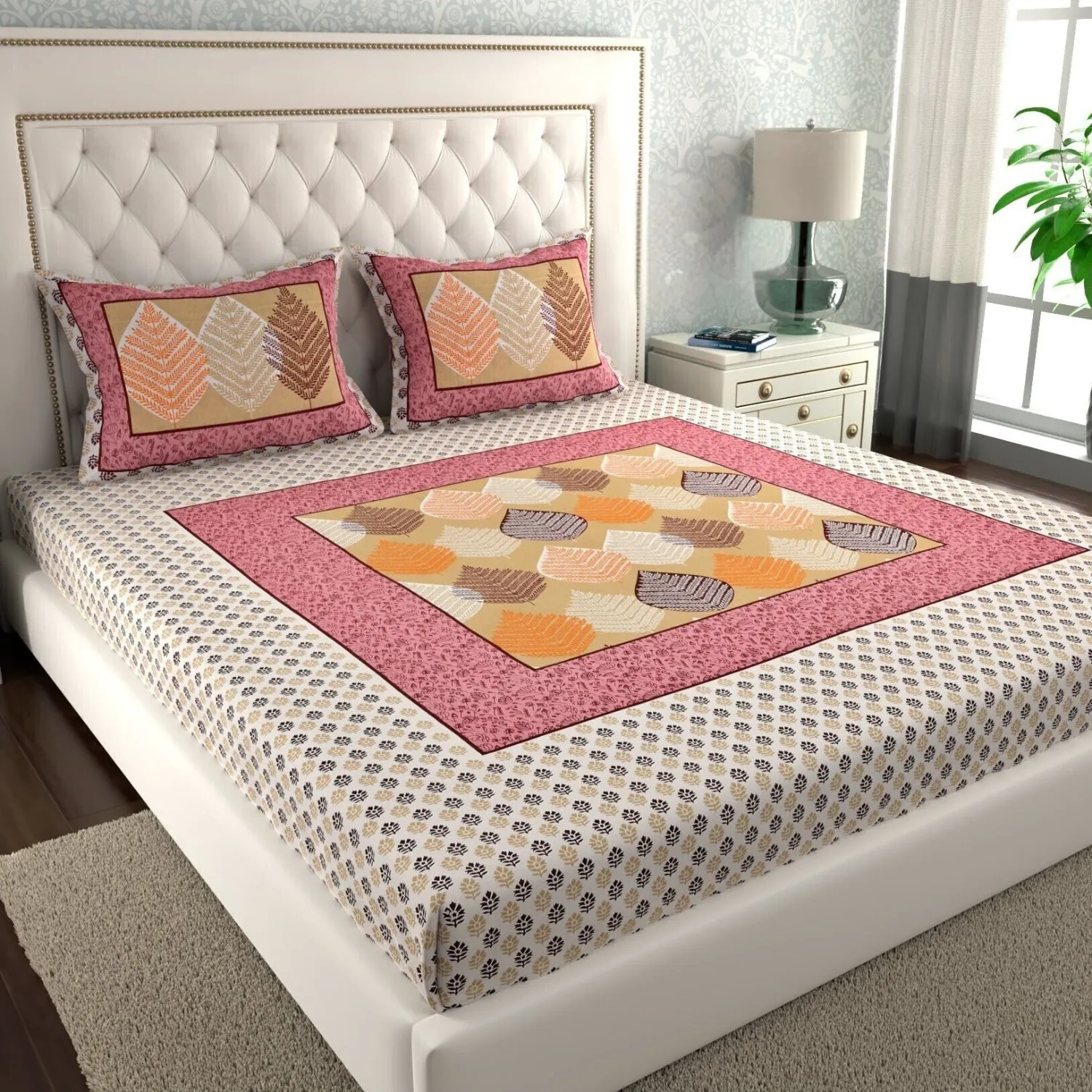 Pure Cotton Jaipuri Bedsheet (Leaf, Printed)