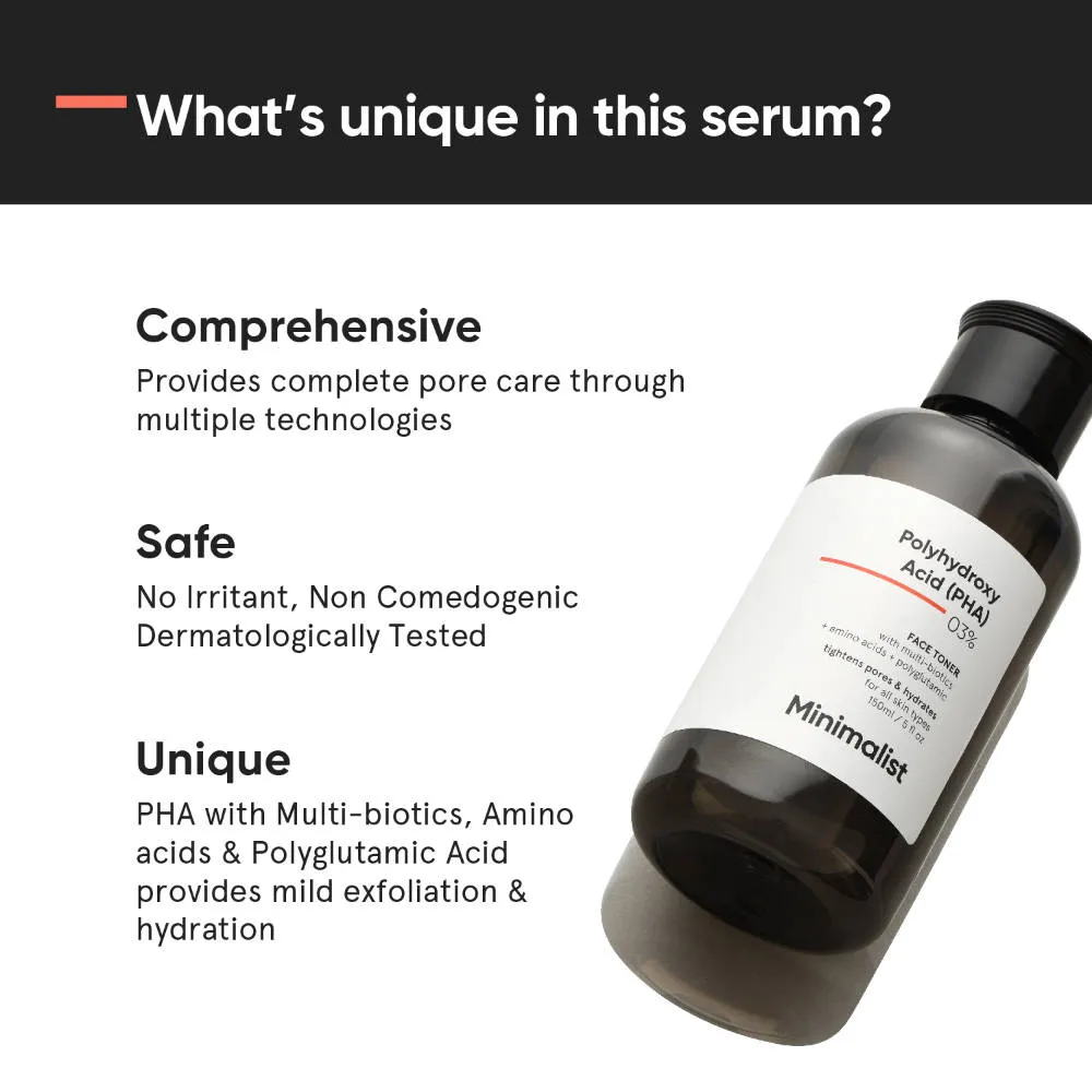 Minimalist 3% Polyhydroxy PHA Face Toner With Multi Biotics For Minimizing Pore Size & Hydrating Skin