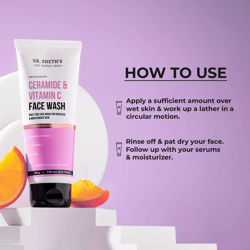 Dr. Sheth's Ceramide & Vitamin C Brightening Face Wash |Cleanses, Hydrates, Reduces Dark Spots 100ml