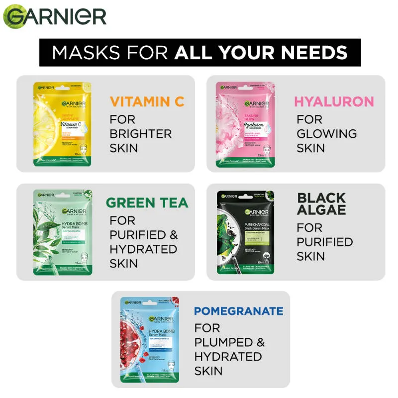 Garnier Face Serum Sheet Mask Pack of 5 (Vit C + Hydra Bomb + Sakura + Hydra Bomb Blue + Charcoal)