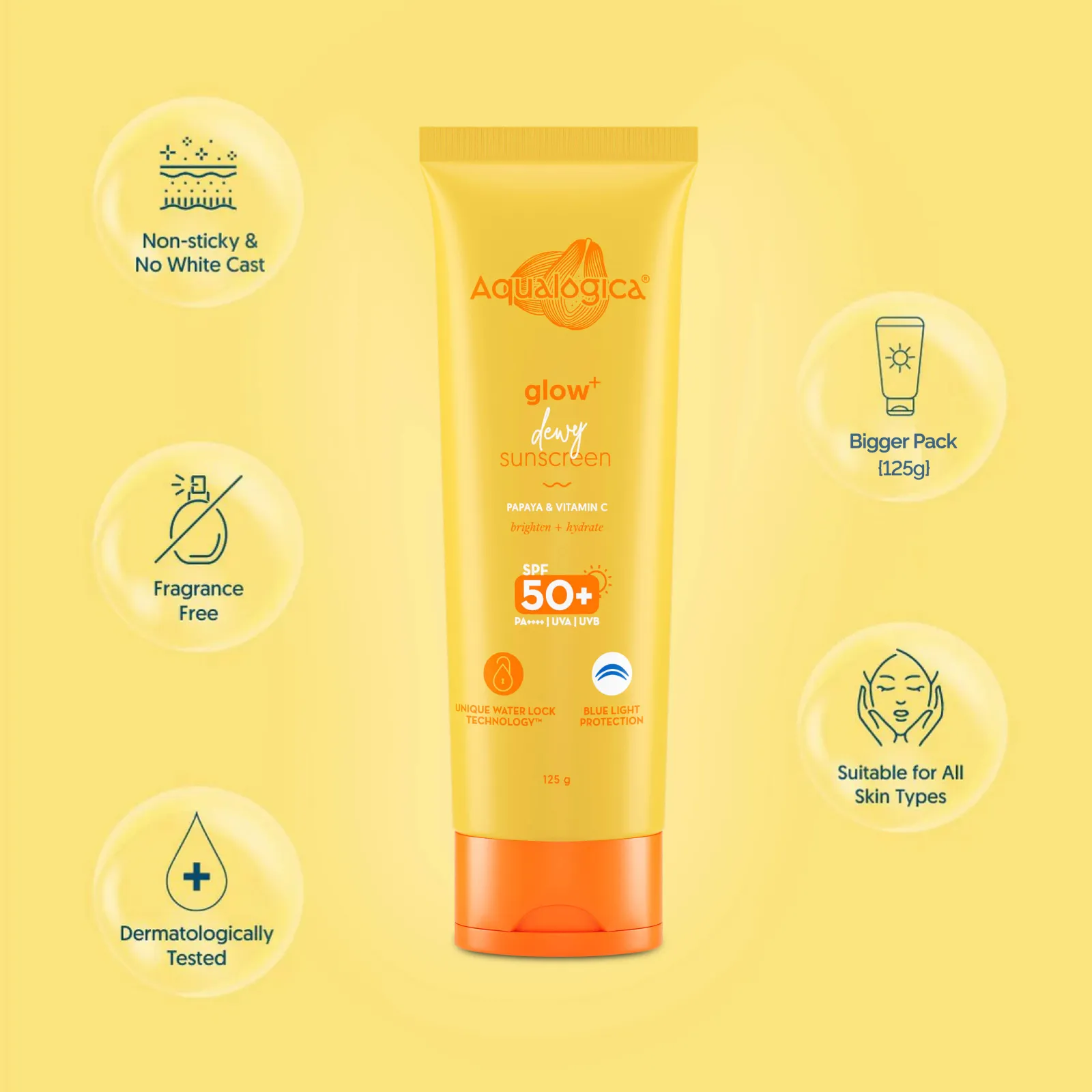Aqualogica Glow+ Dewy Lightweigh Sunscreen Gel SPF 50+ PA++++ with Papaya & Vitamin C