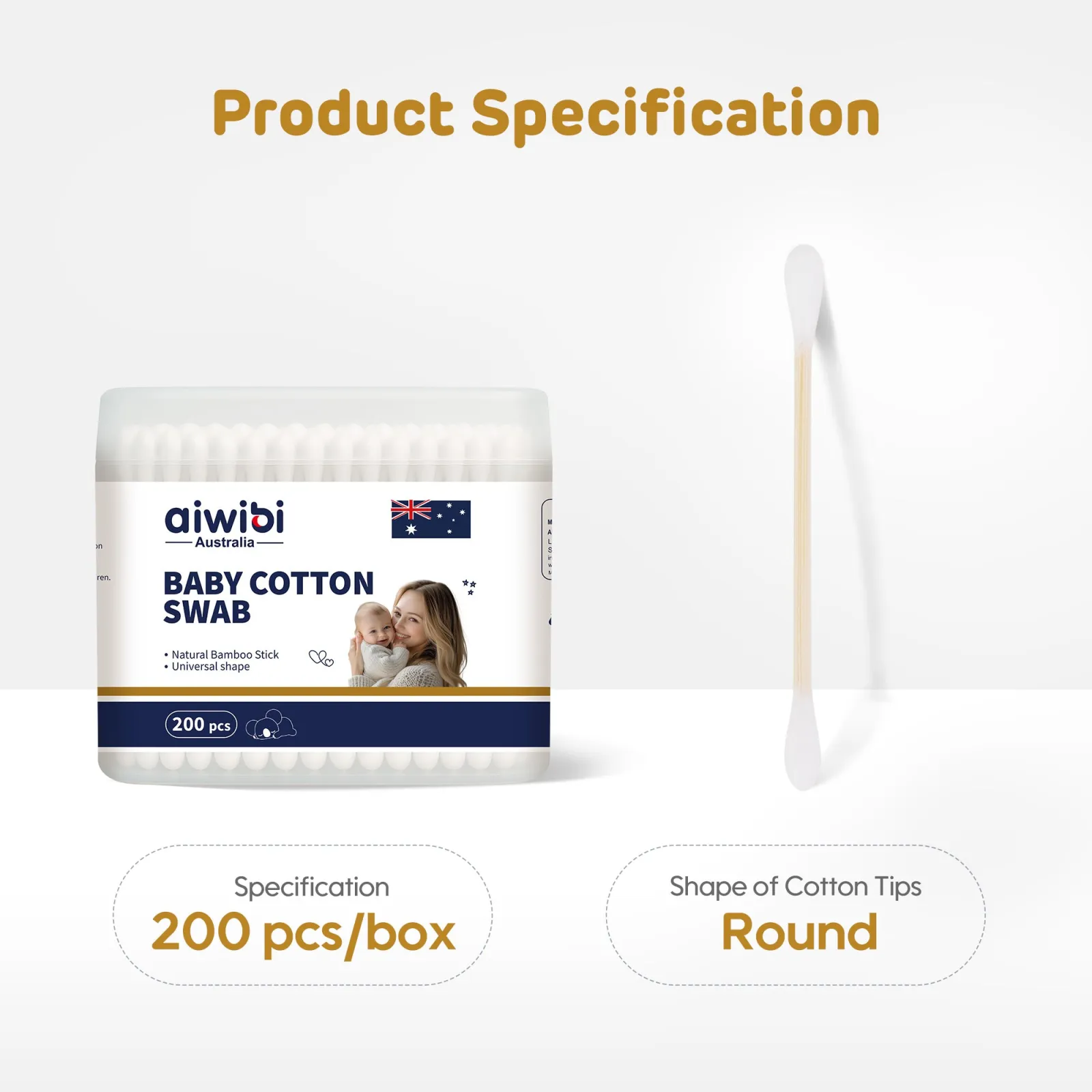 Aiwibi Cotton Swabs (Round Shape) 200pcs