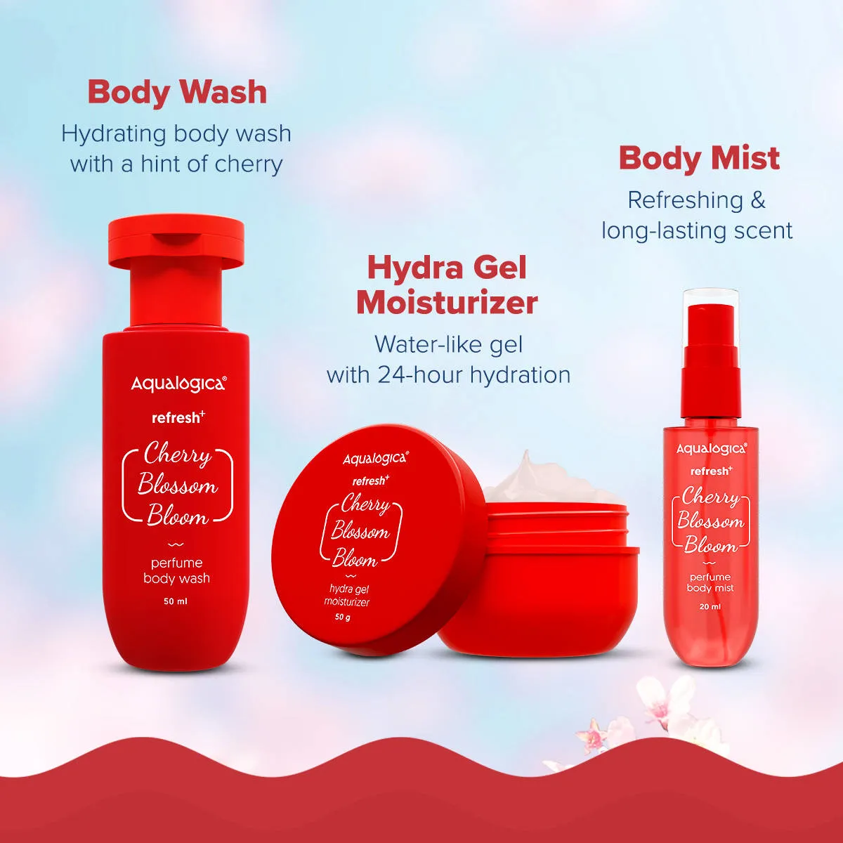 Aqualogica Refresh+ Cherry Blossom Perfume Body Wash, Mist & Gel Moisturizer Gift Set