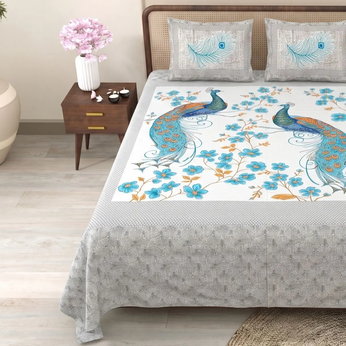 Pure Cotton Jaipuri King Bedsheet (Peacock Printed)