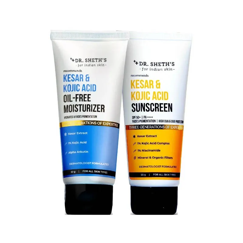 Dr. Sheth's Pigmentation-Free Duo - Kesar & Kojic Sunscreen SPF 50+ & Oil-Free Moisturizer