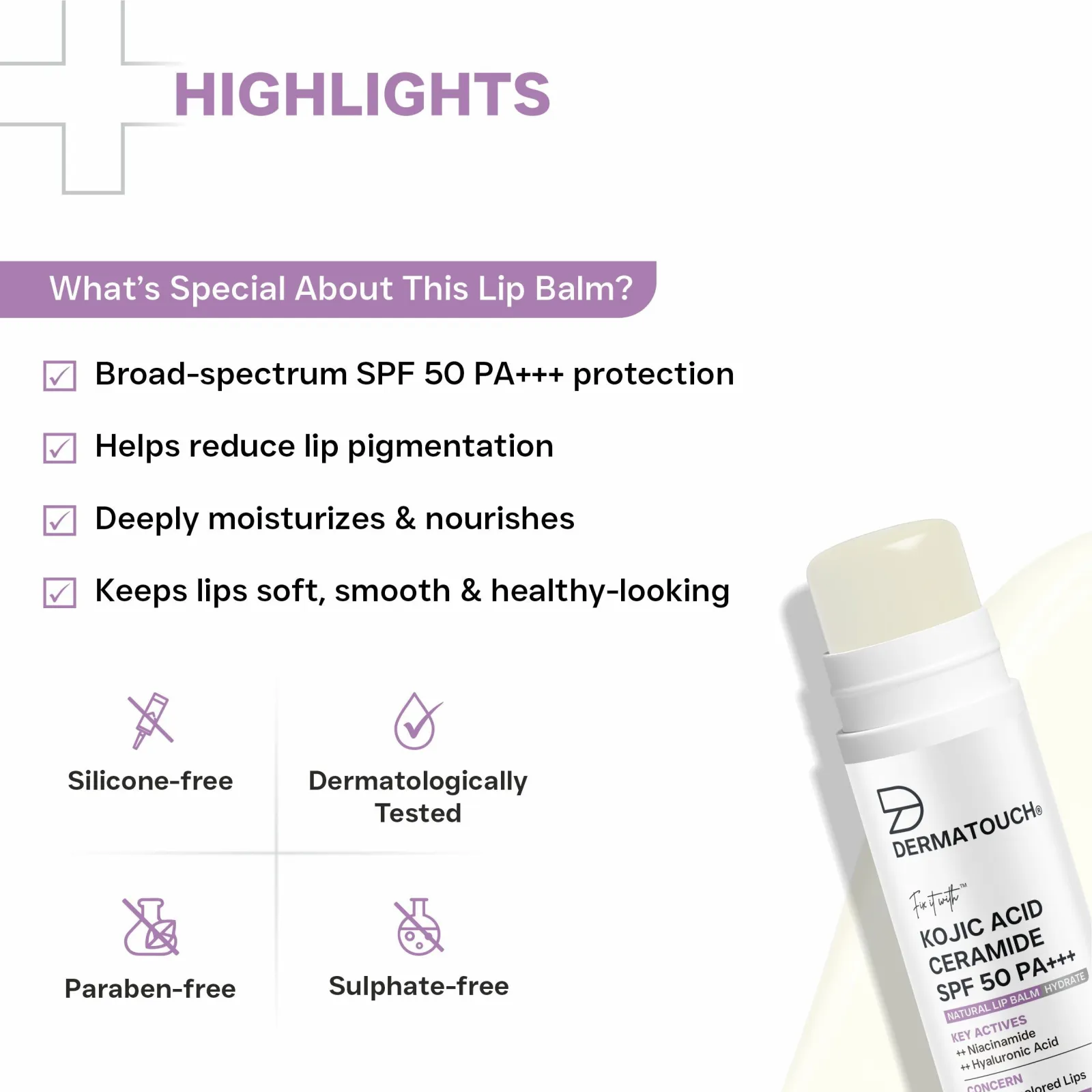 Dermatouch Kojic Acid Ceramide SPF 50 PA+++ Natural Lip Balm for Dry & Discolored Lips 5g