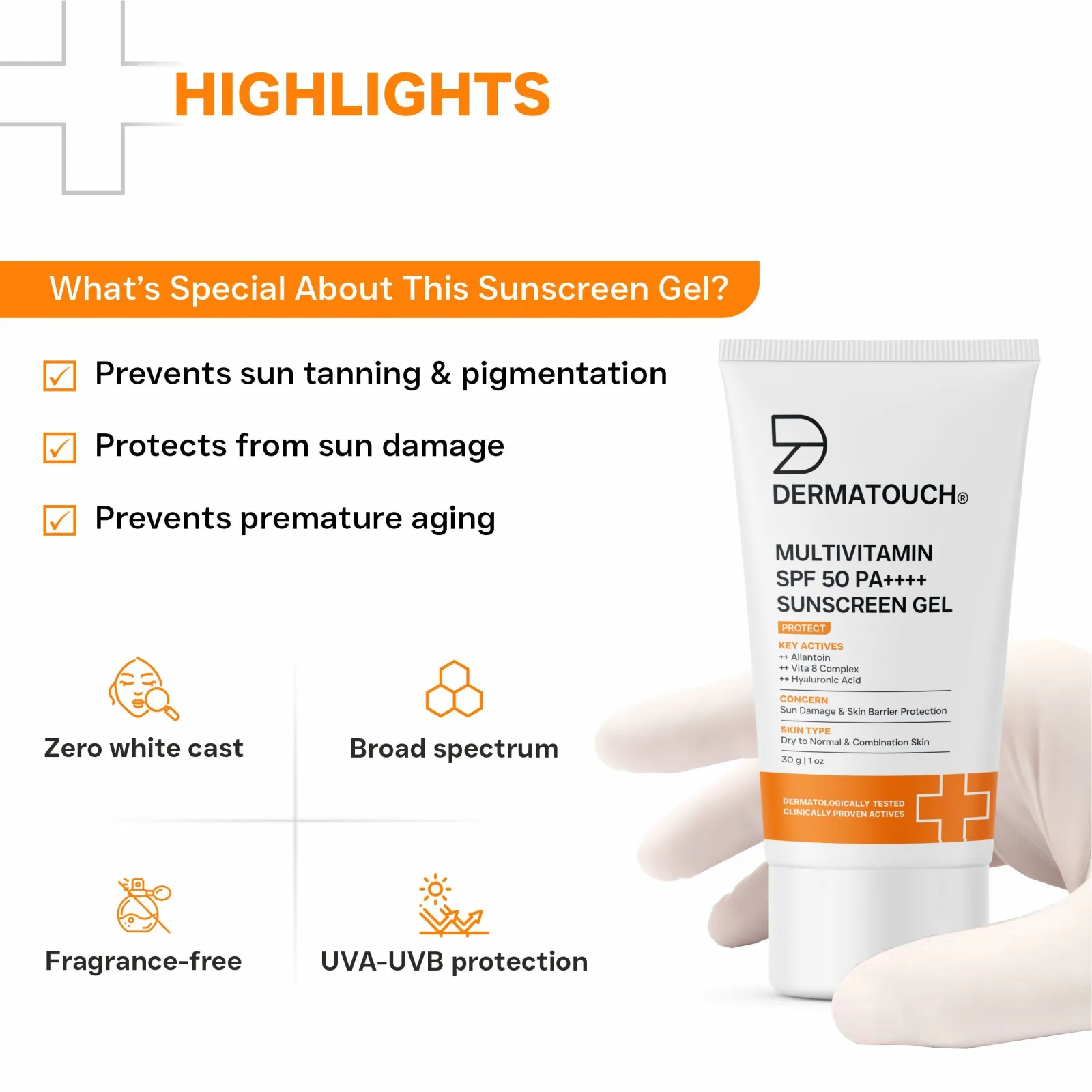 Dermatouch Multivitamin SPF 50 Pa++++ Sunscreen Gel for Sun Damage & Skin Barrier Repair