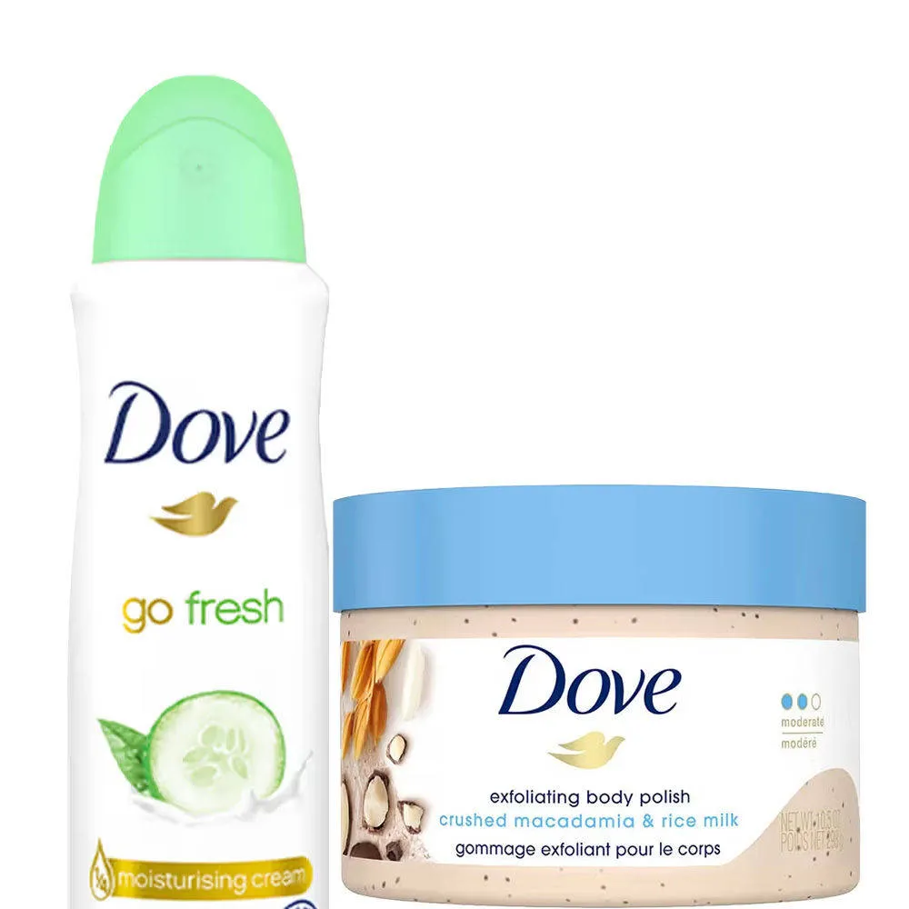 Dove Cucumber, Green Tea Deodorant & Crushed Macadamia + Rice Milk Body Polish